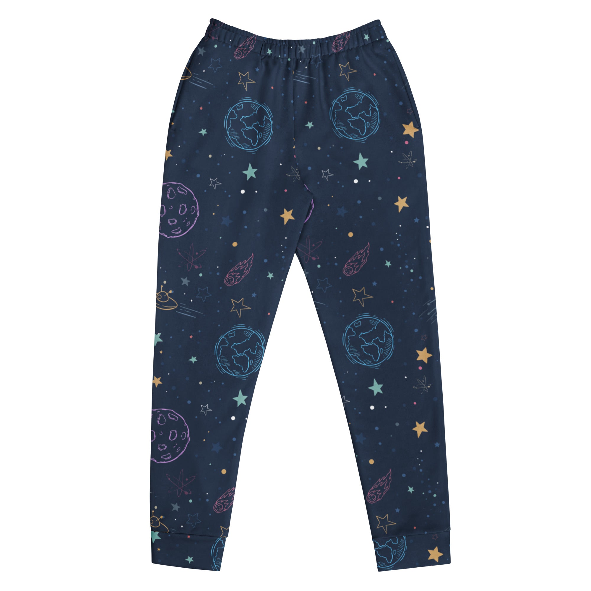 Dark blue women’s galaxy space recycled jogger pants with pastel planet print and cozy brushed fleece inside pockets