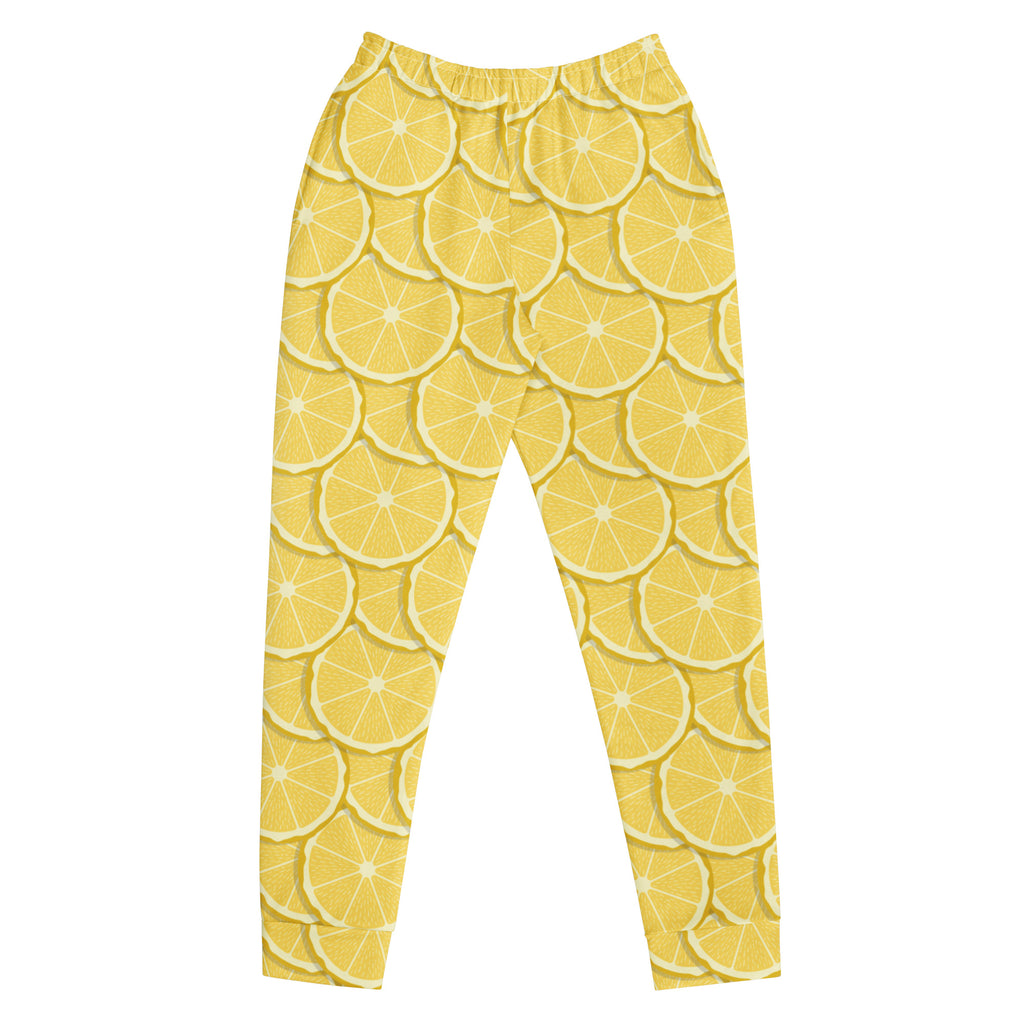 Women’s lemon slice recycled jogger pants in yellow with cozy brushed fleece and pockets for comfortable wear