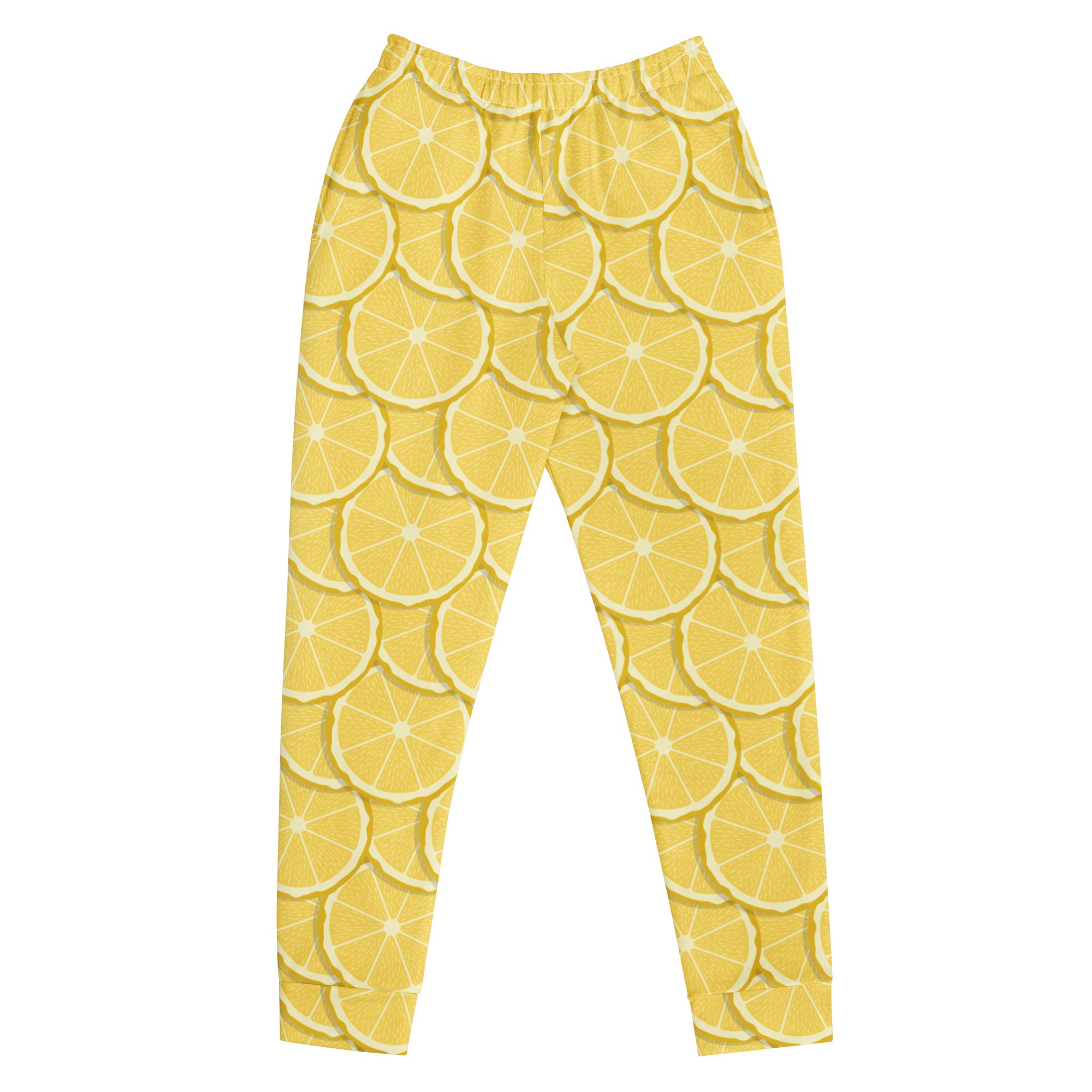 Women’s lemon slice recycled jogger pants in yellow with cozy brushed fleece and pockets for comfortable wear