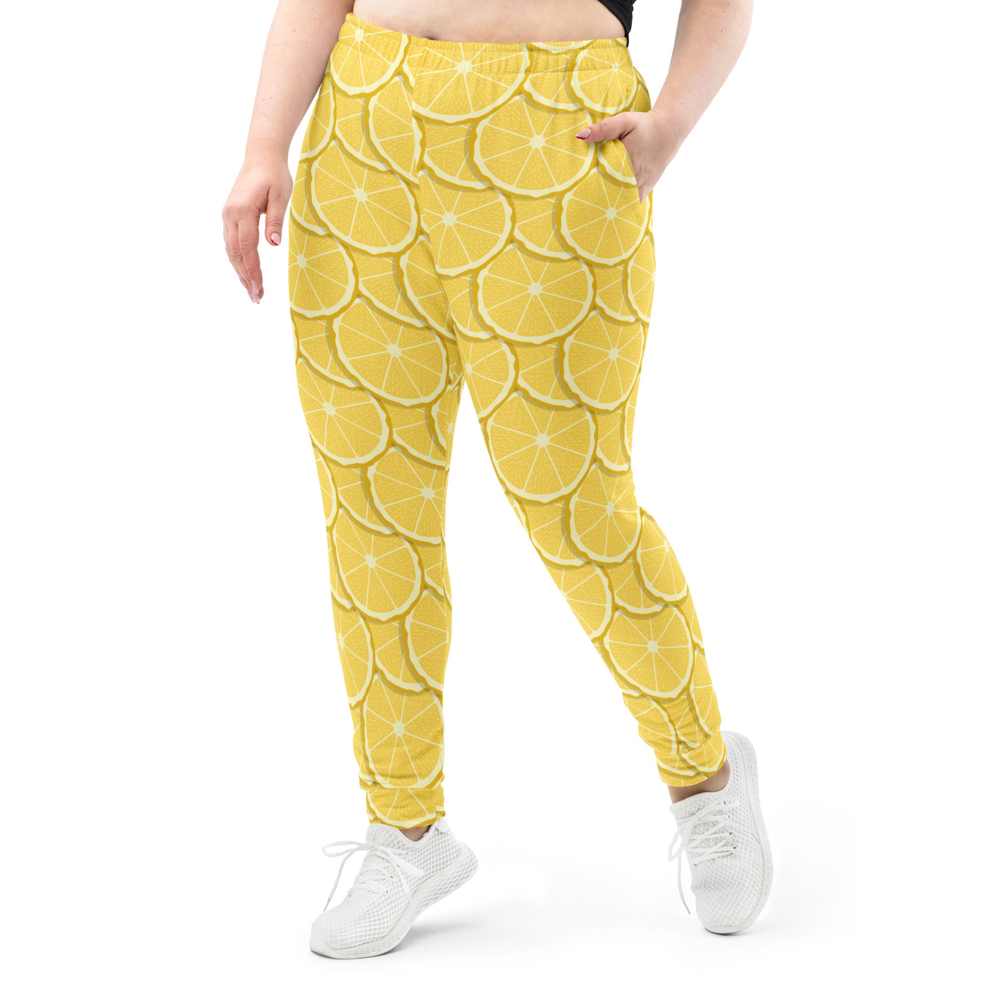 Women’s plus-size jogger pants with yellow lemon slice pattern cozy brushed inside fleece and pockets