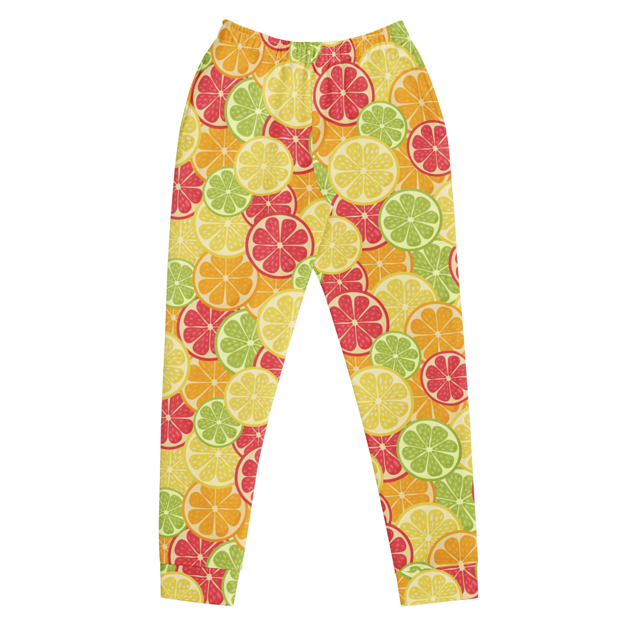 Women’s recycled jogger pants with pockets featuring a vibrant citrus slice pattern in yellow green and pink cozy fleece lining