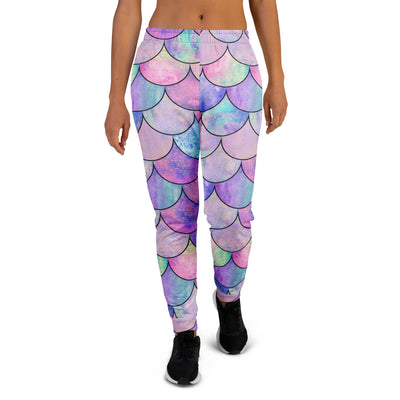Women’s Pastel Mermaid Scales Recycled Jogger Pants With Pockets – Cozy Brushed Inside Fleece