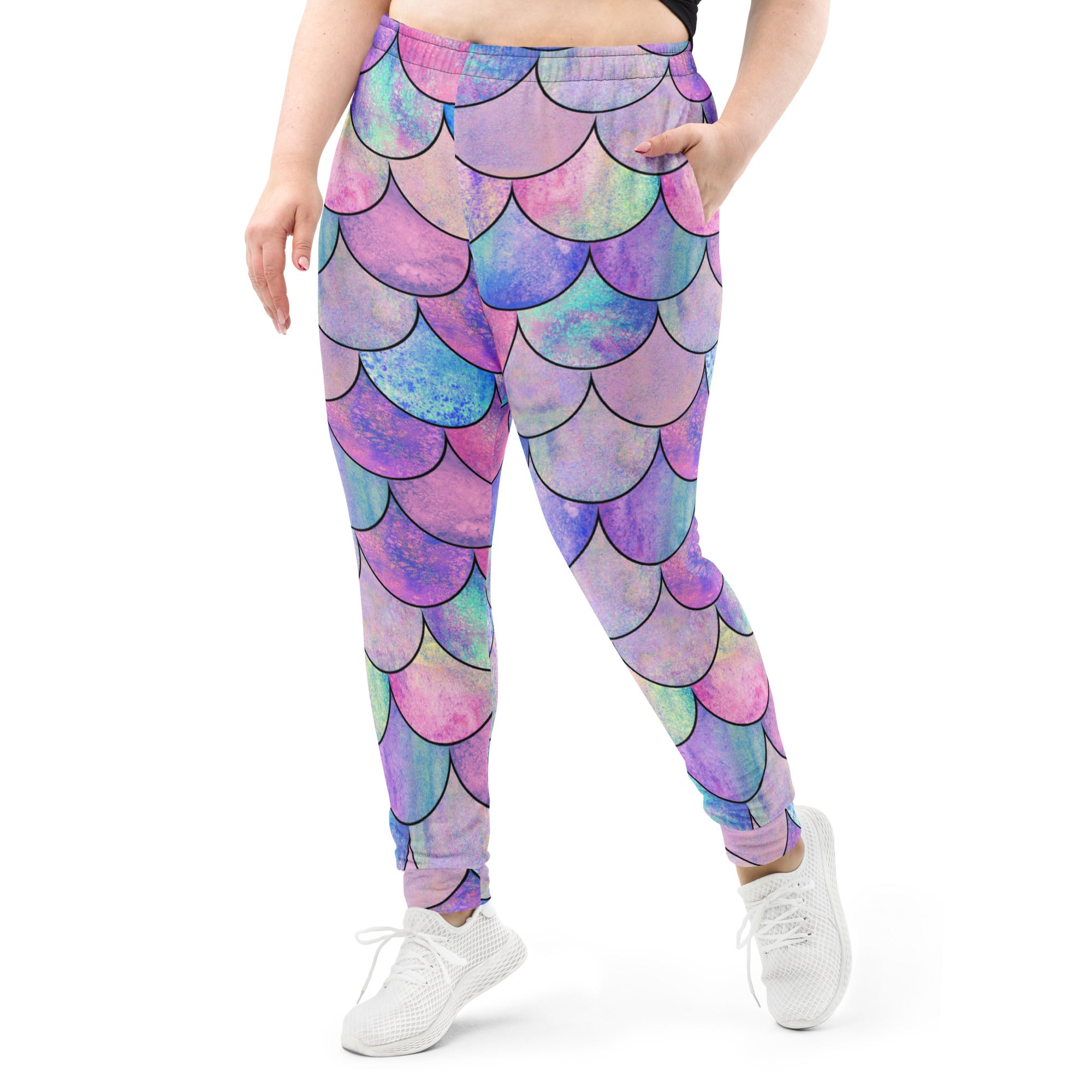 Women’s Pastel Mermaid Scales Recycled Jogger Pants With Pockets – Cozy Brushed Inside Fleece