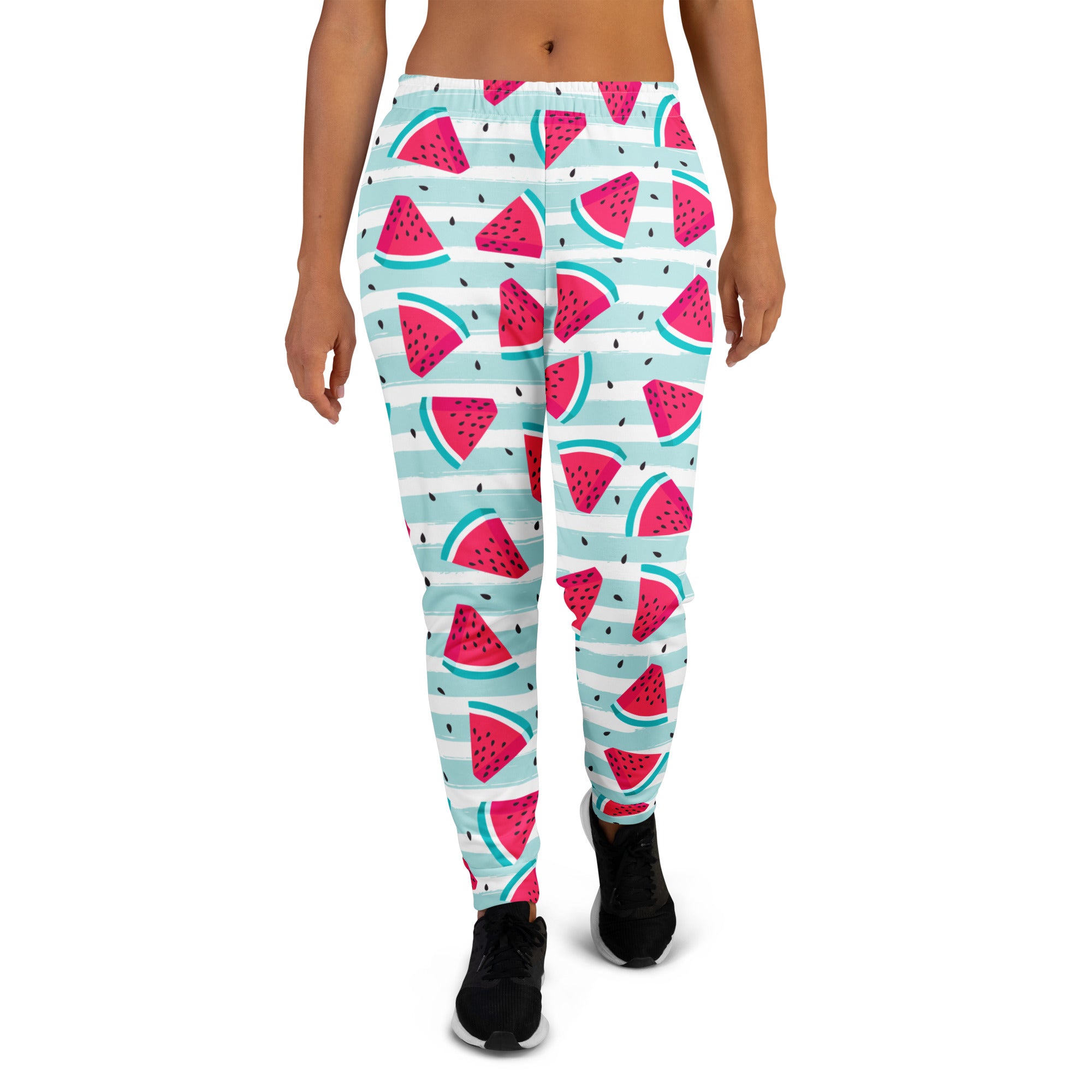 Women’s striped watermelon recycled jogger pants with cozy brushed fleece inside in vibrant pink and teal stripes