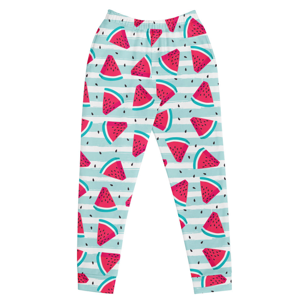 Women’s striped watermelon recycled jogger pants with light blue and white stripes cozy brushed fleece inside