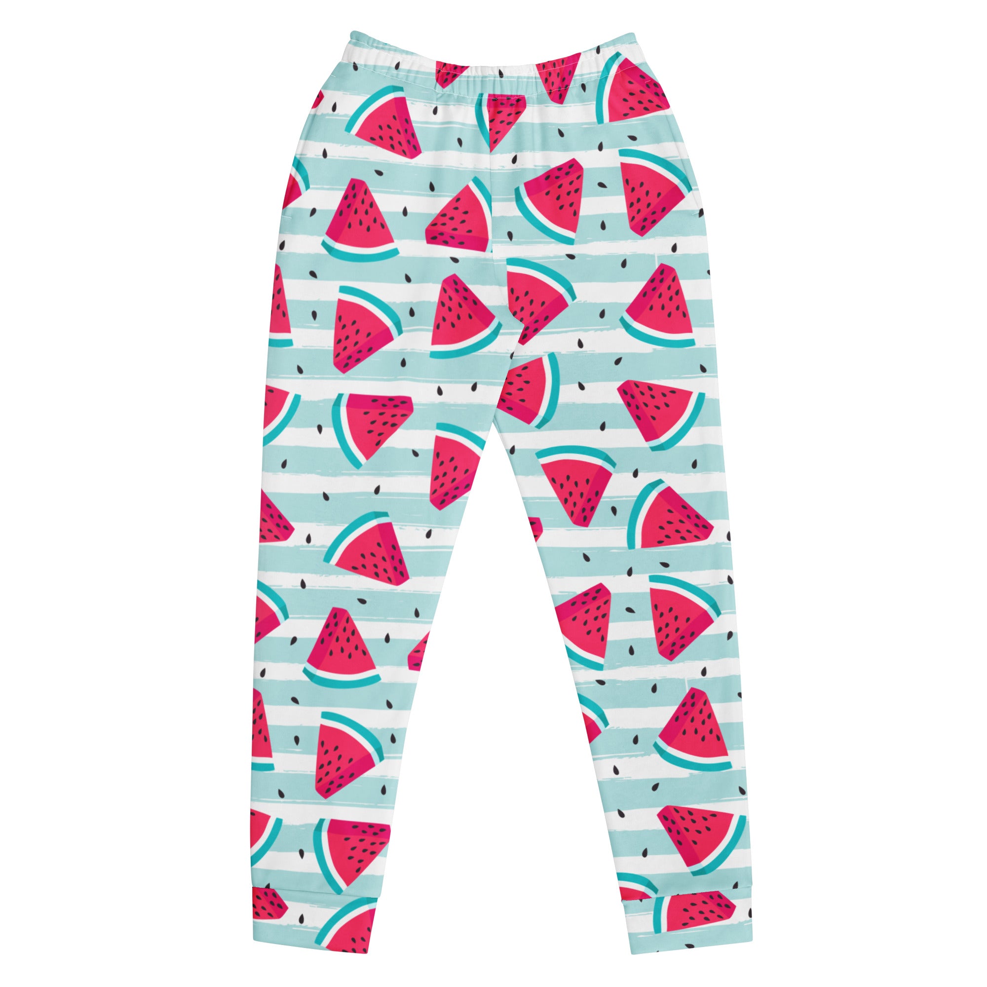 Women’s striped watermelon recycled jogger pants with light blue and white stripes cozy brushed fleece inside