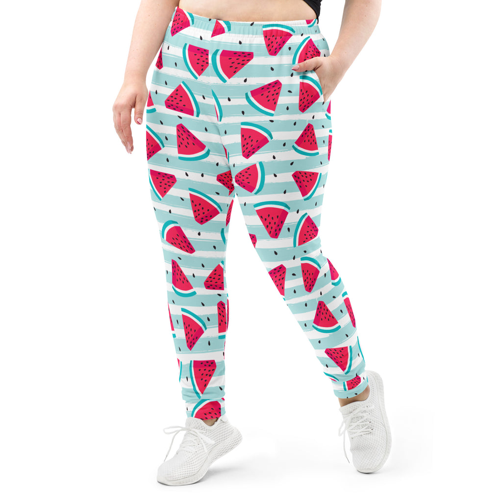 Women’s plus-size striped watermelon jogger pants with vibrant red and teal pattern on light blue recycled fleece