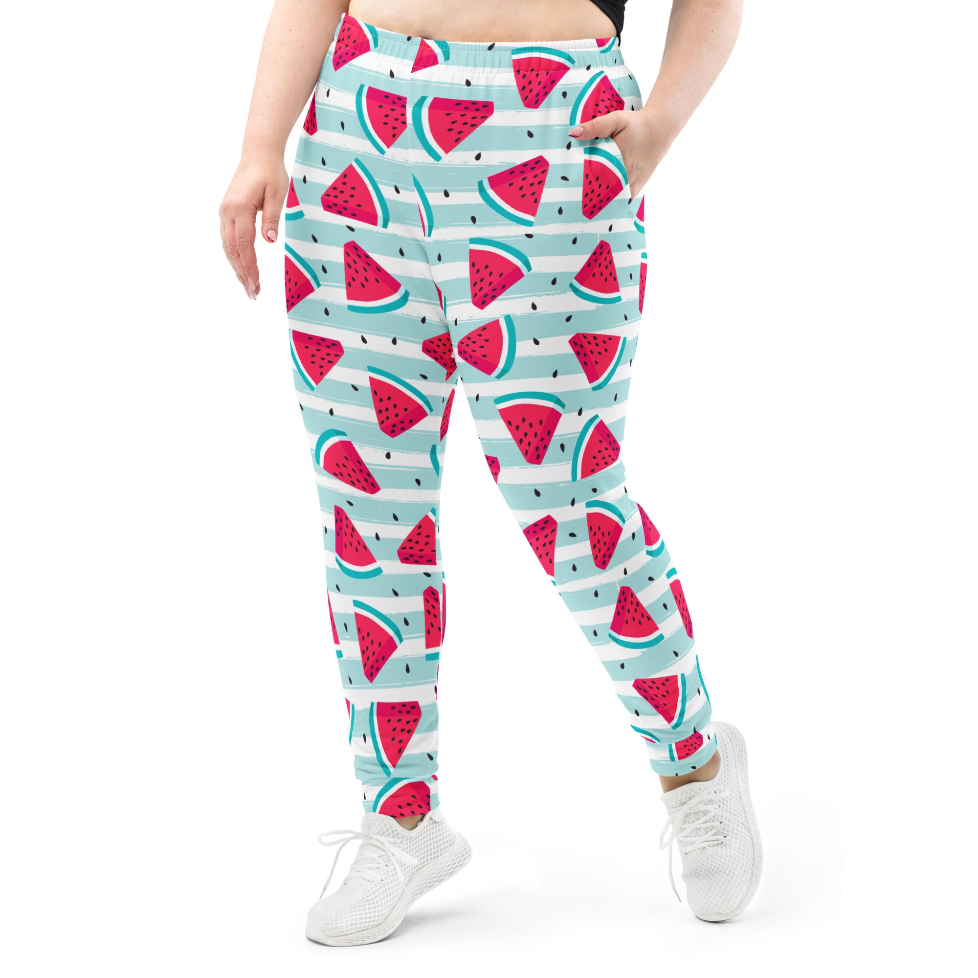Women’s plus-size striped watermelon jogger pants with vibrant red and teal pattern on light blue recycled fleece