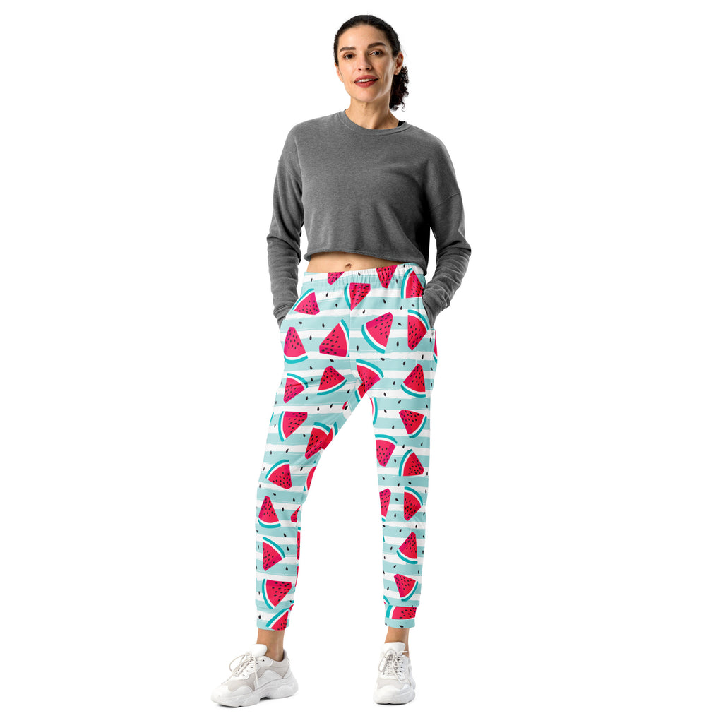 Women’s striped watermelon recycled jogger pants with pockets featuring vibrant red and green pattern on blue stripes
