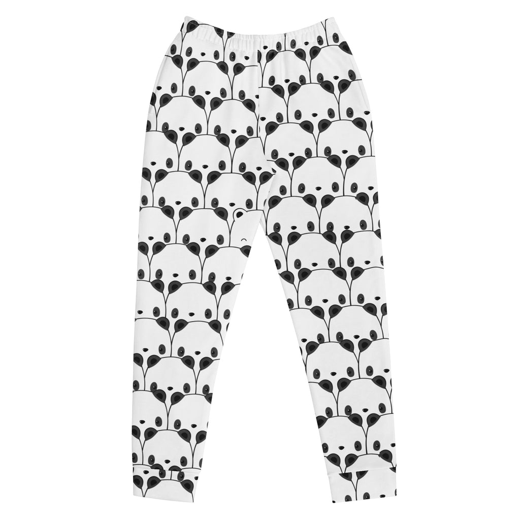 Women’s white recycled jogger pants with black panda pattern featuring cozy brushed fleece and pockets