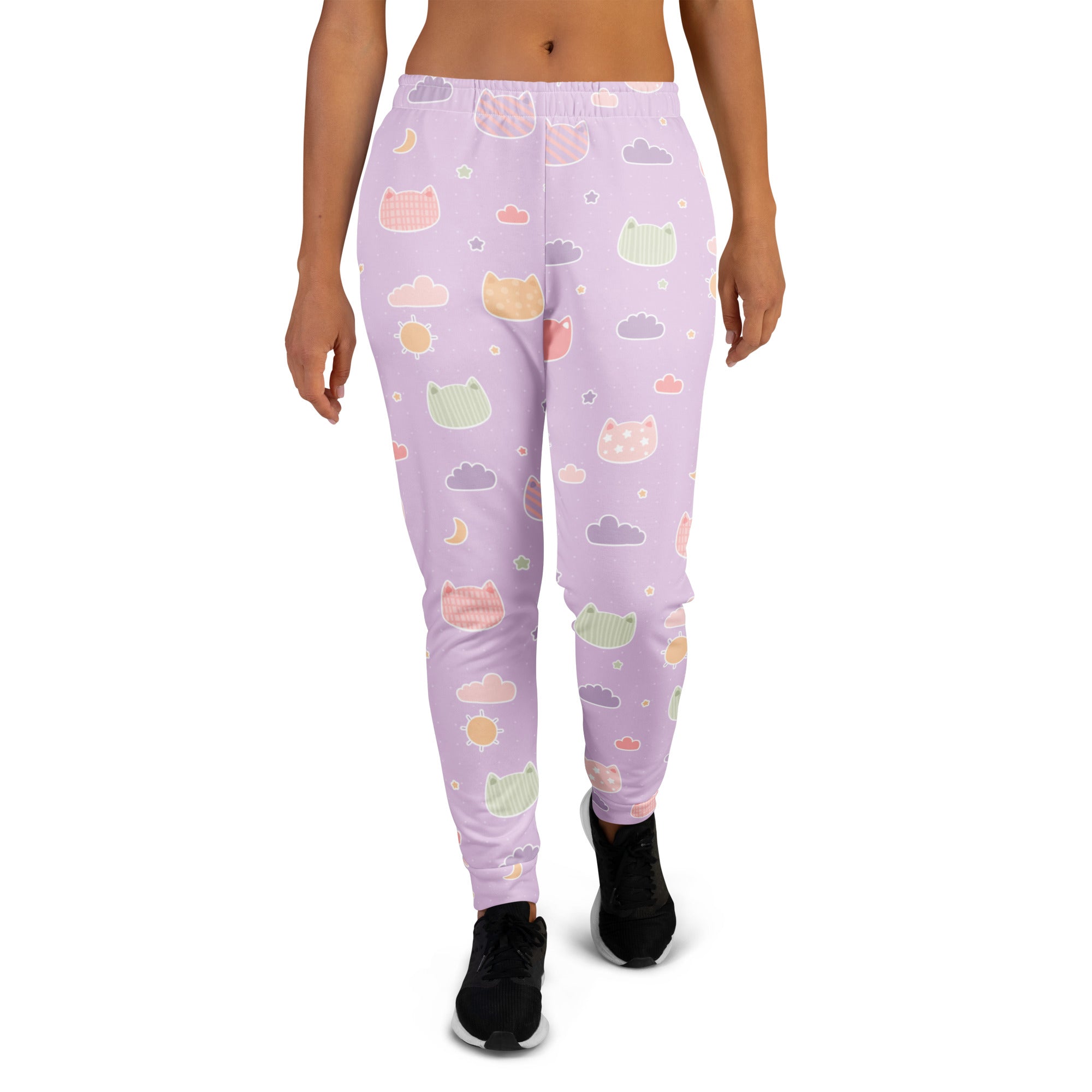 Women’s pastel purple jogger pants with playful kawaii cats clouds moons pattern cozy brushed fleece pockets