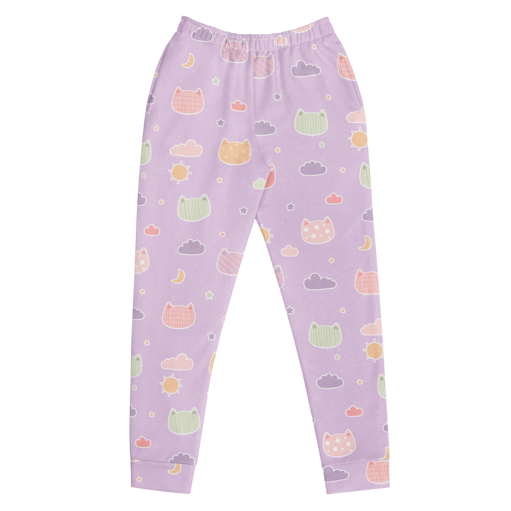 Women’s lilac jogger pants with pastel cat cloud and moon print cozy brushed fleece and pockets made from recycled fabric