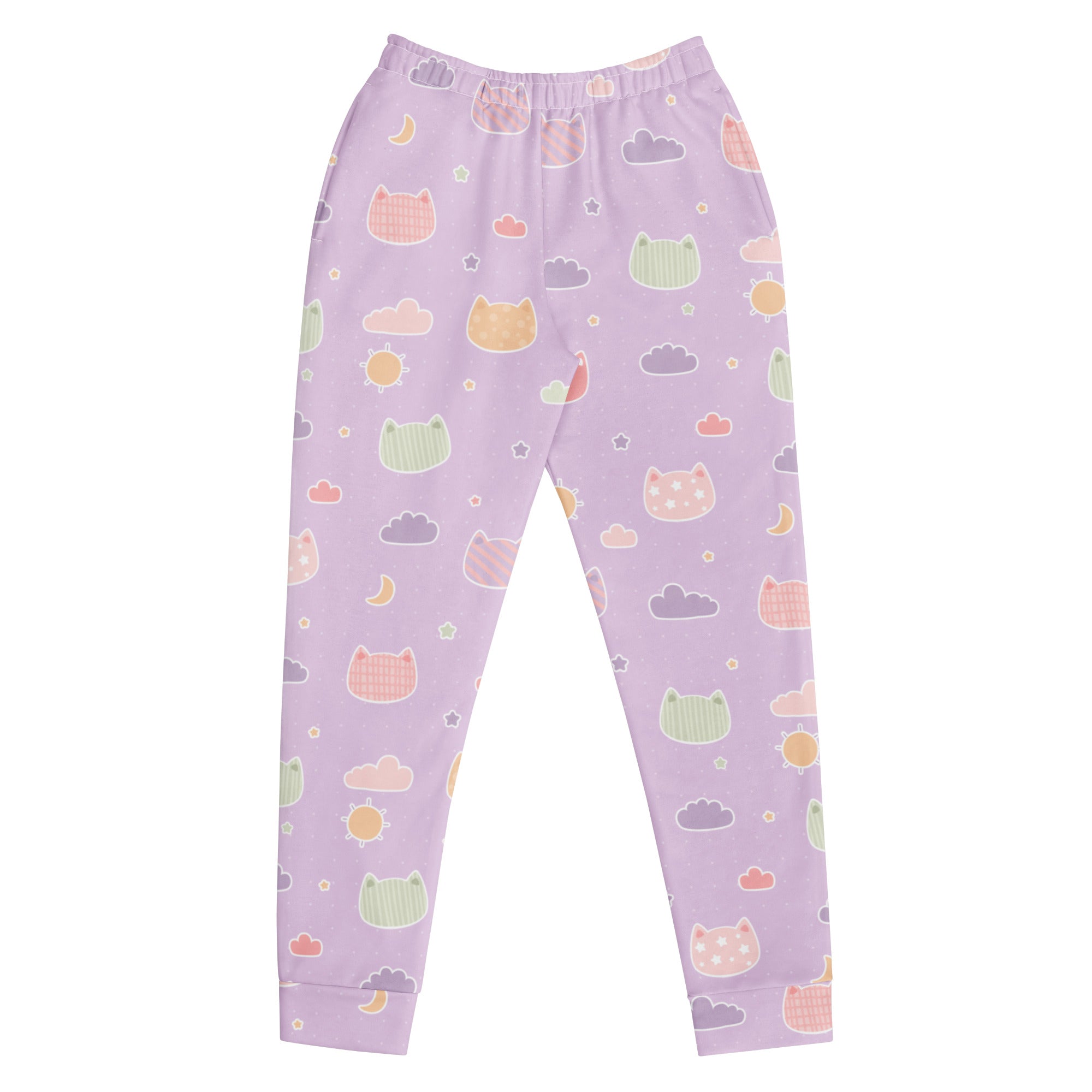 Women’s lilac jogger pants with pastel cat cloud and moon print cozy brushed fleece and pockets made from recycled fabric
