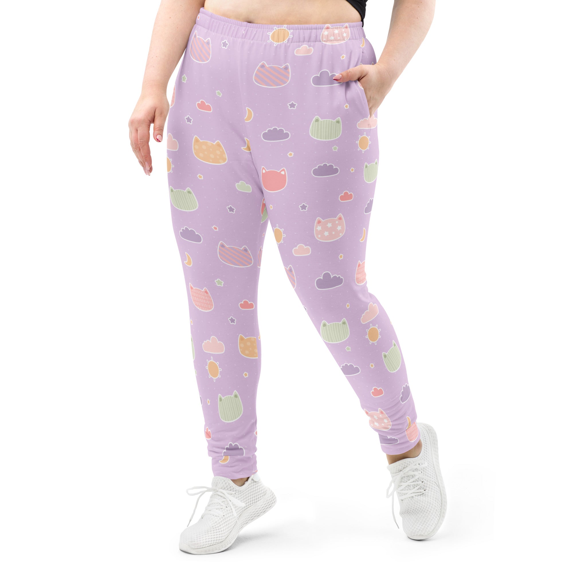 Lavender plus-size joggers with pastel kawaii cats clouds and stars pattern cozy brushed fleece with pockets