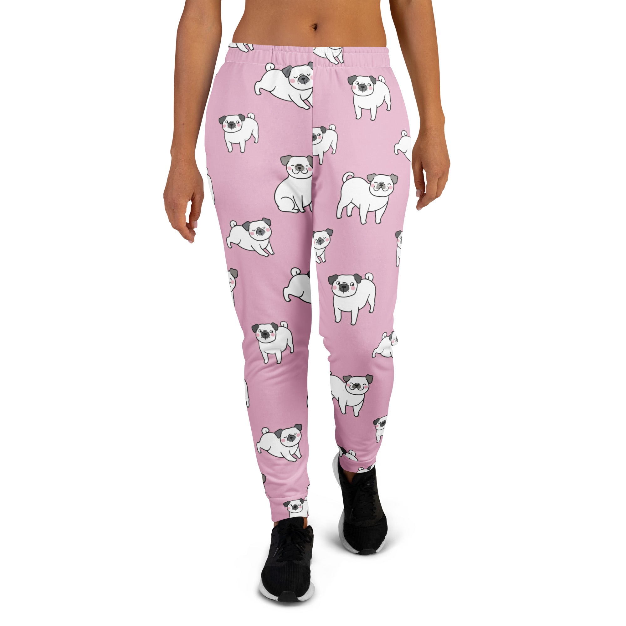 Women’s pink recycled jogger pants with cozy fleece inside and playful white pug illustrations and pockets