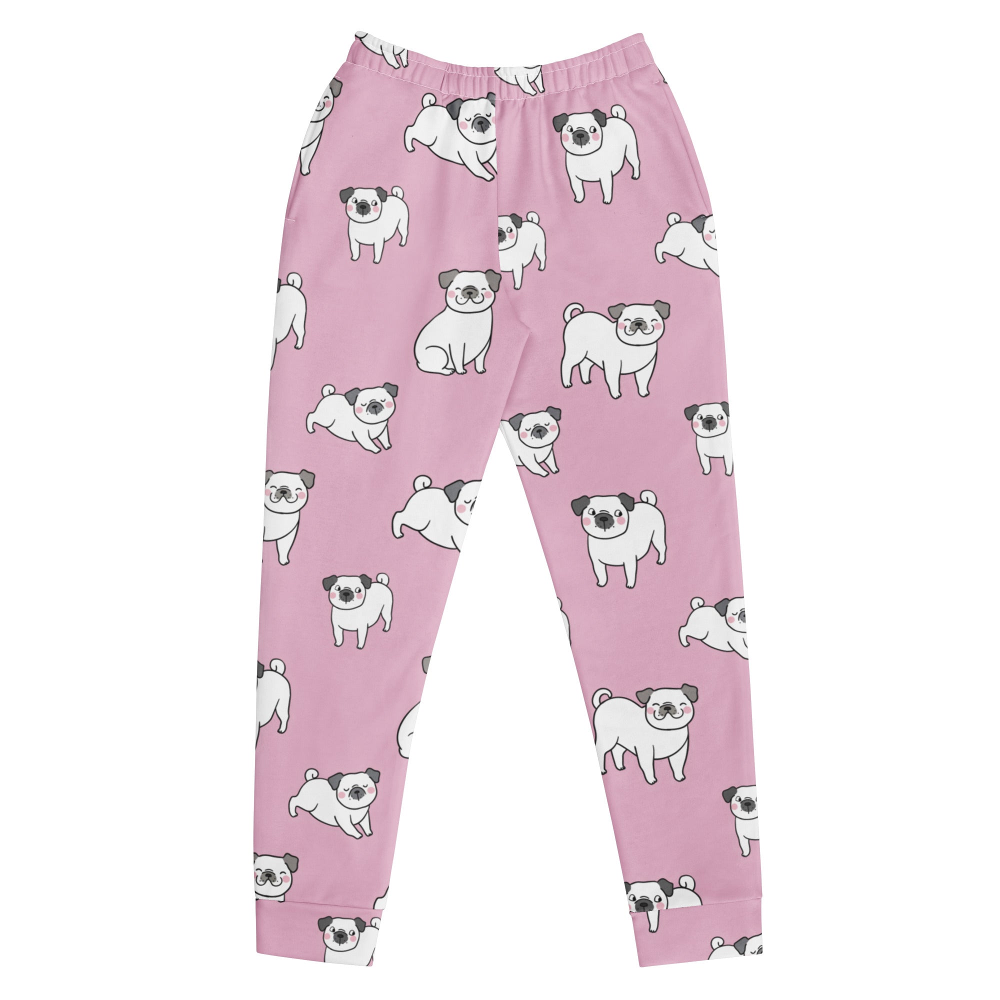 Women’s pink recycled jogger pants with pockets featuring white pugs patterned on cozy brushed fleece inside