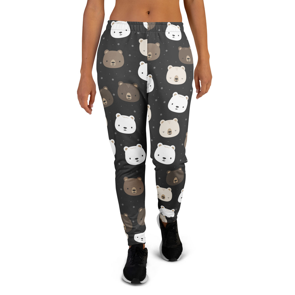 Dark gray women’s jogger pants with white and brown cartoon bear faces cozy brushed inside fleece and pockets