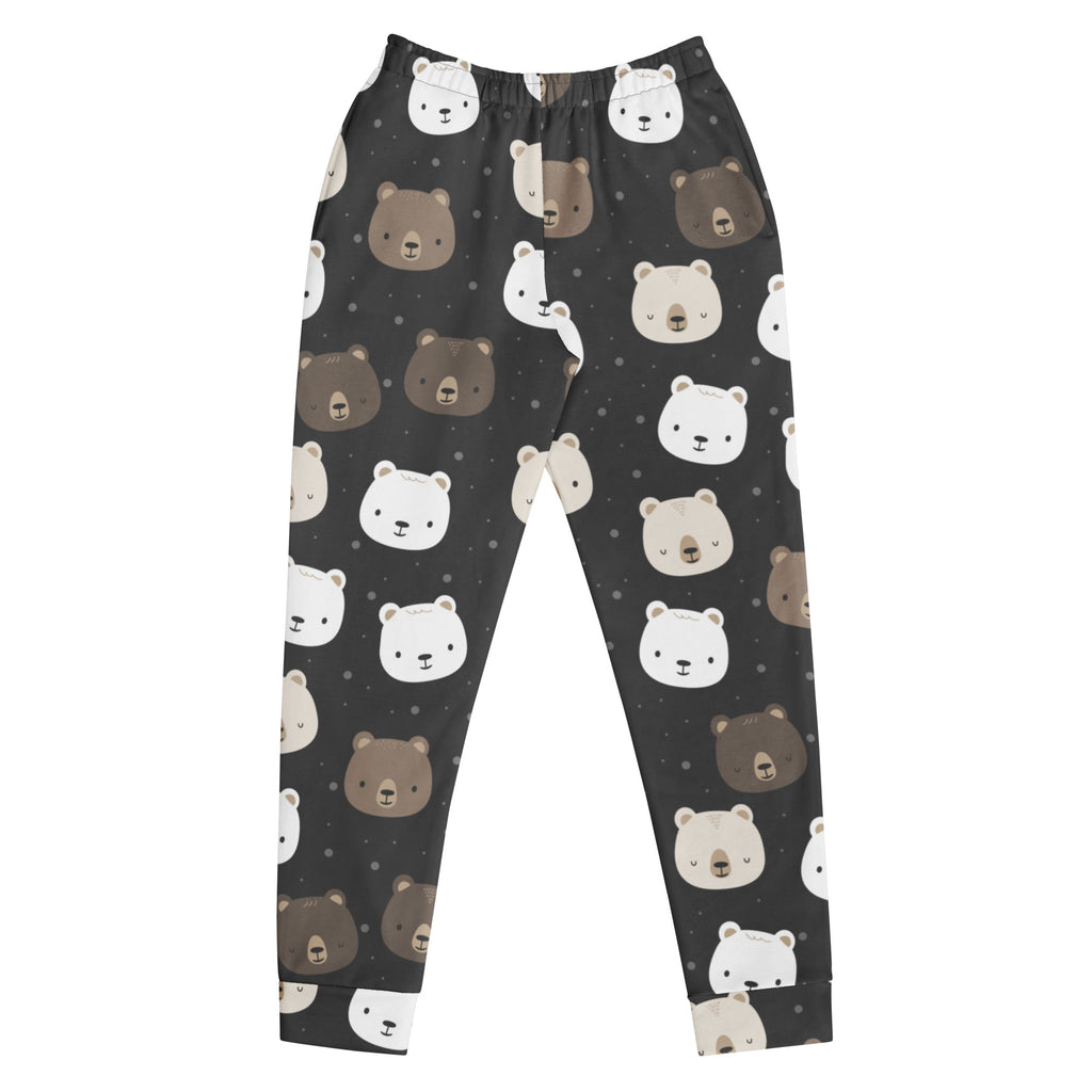 Women’s black pajama jogger pants with white and brown bear faces cozy recycled fleece with pockets