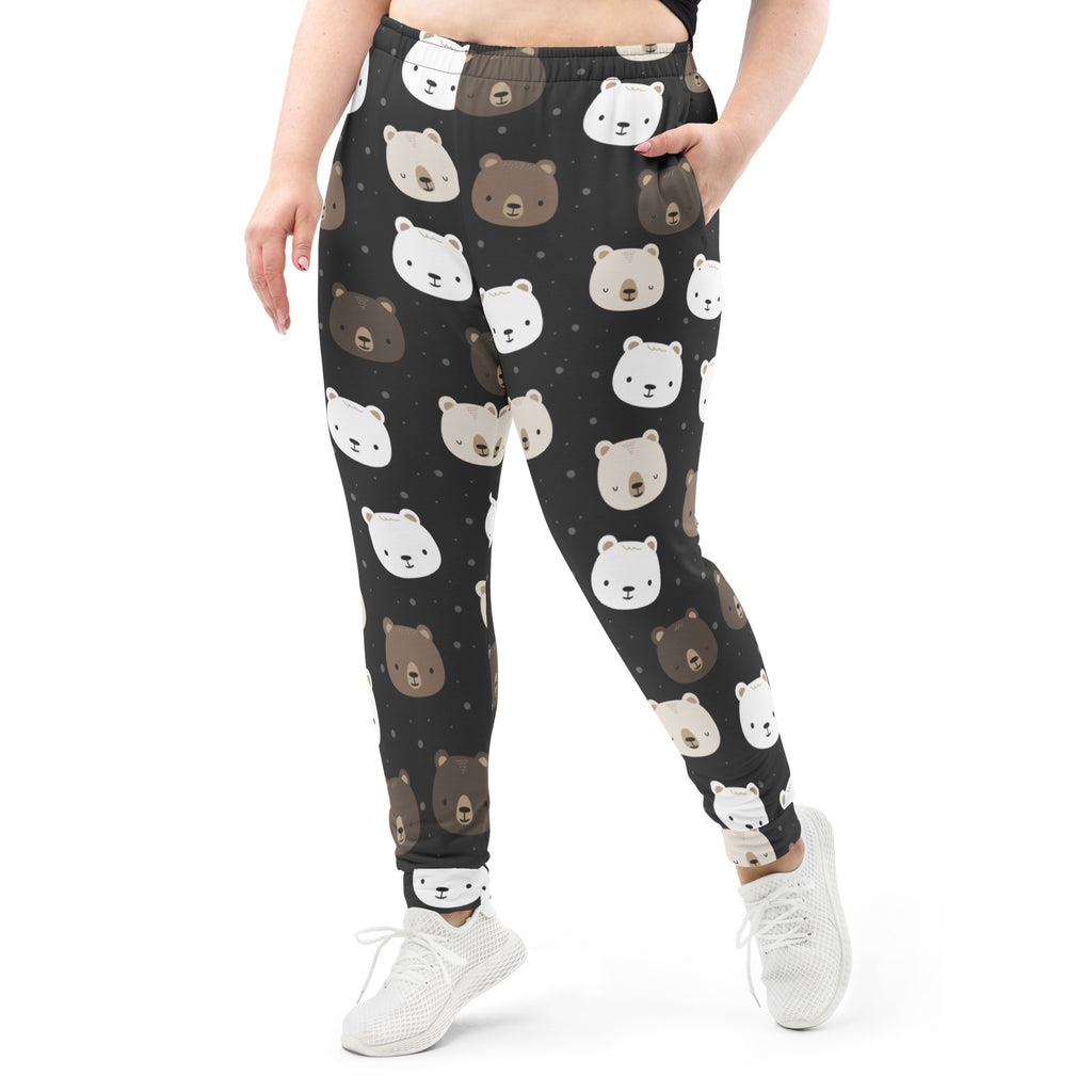 Women’s black recycled jogger pants with white and brown bear faces cozy brushed inside fleece with pockets