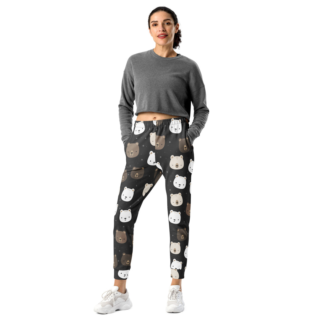 Women’s dark gray recycled jogger pants with white and brown bear faces cozy brushed inside fleece pockets