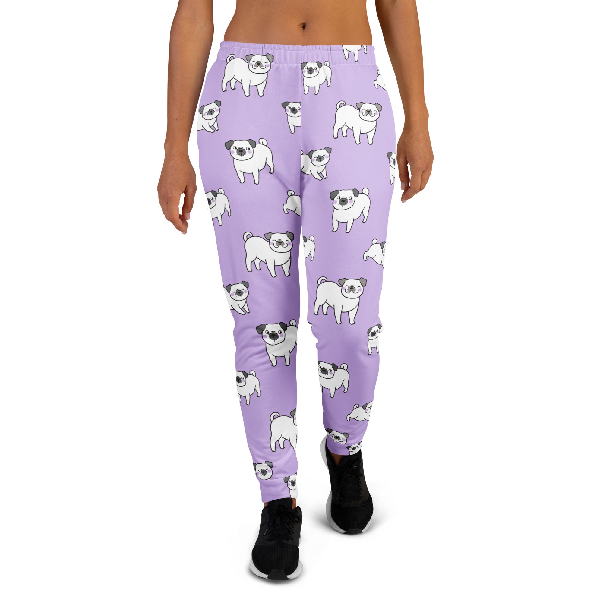 Women’s purple recycled jogger pants with white cartoon pug pattern cozy brushed fleece inside pockets