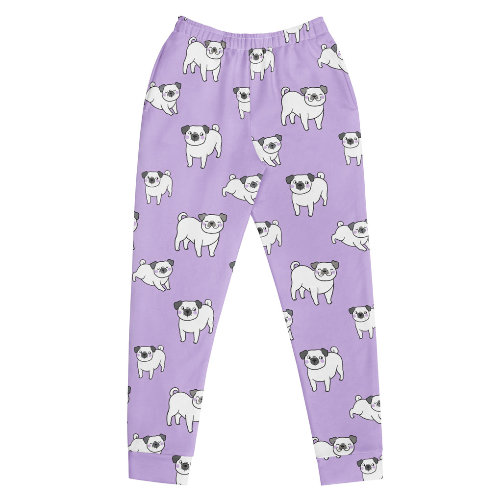 Women’s purple recycled jogger pants with pockets featuring playful white pugs with black ears and cozy brushed fleece lining