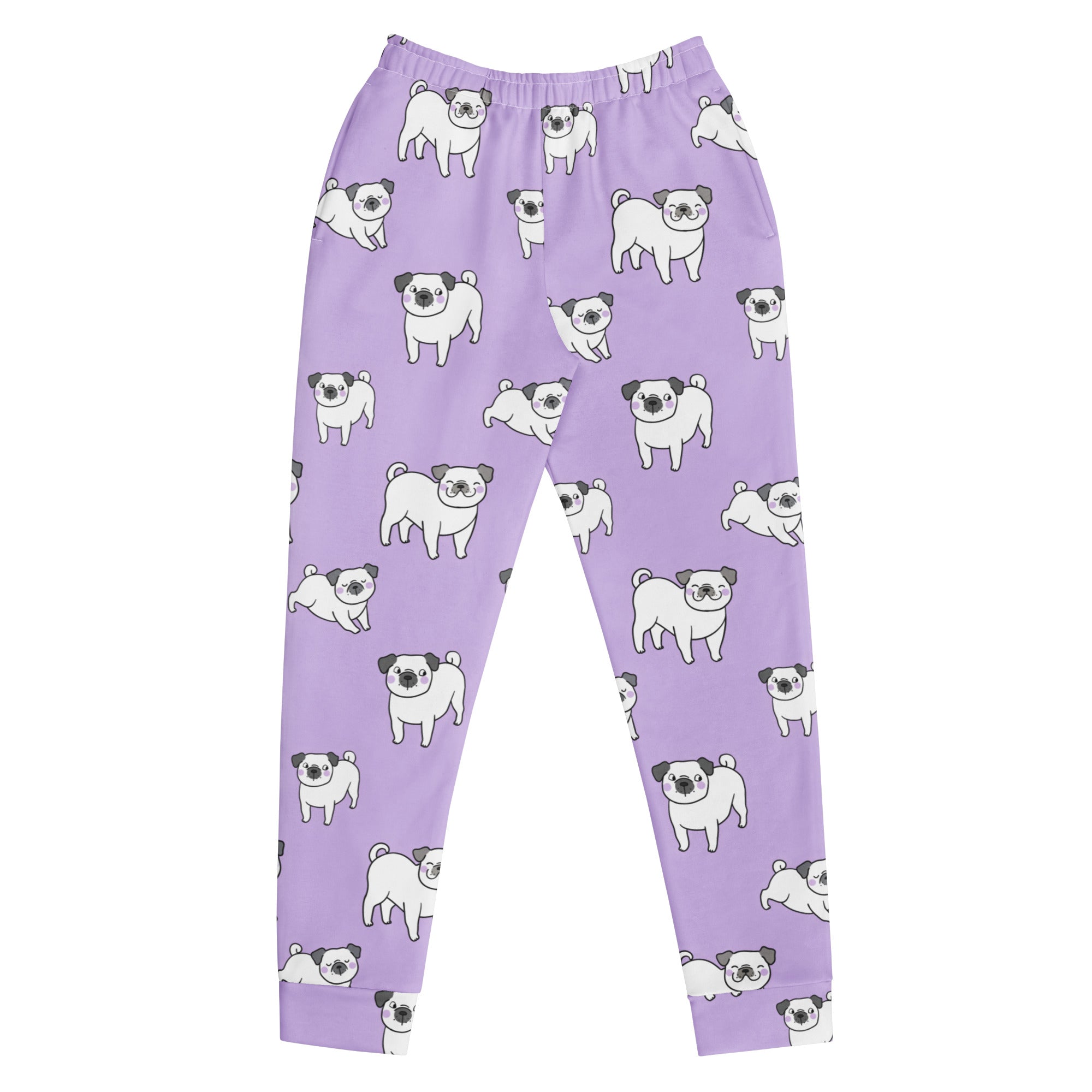 Women’s purple recycled jogger pants with pockets featuring playful white pugs with black ears and cozy brushed fleece lining
