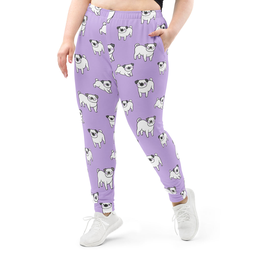 Women’s purple recycled jogger pants with playful white pug print cozy brushed fleece inside and pockets