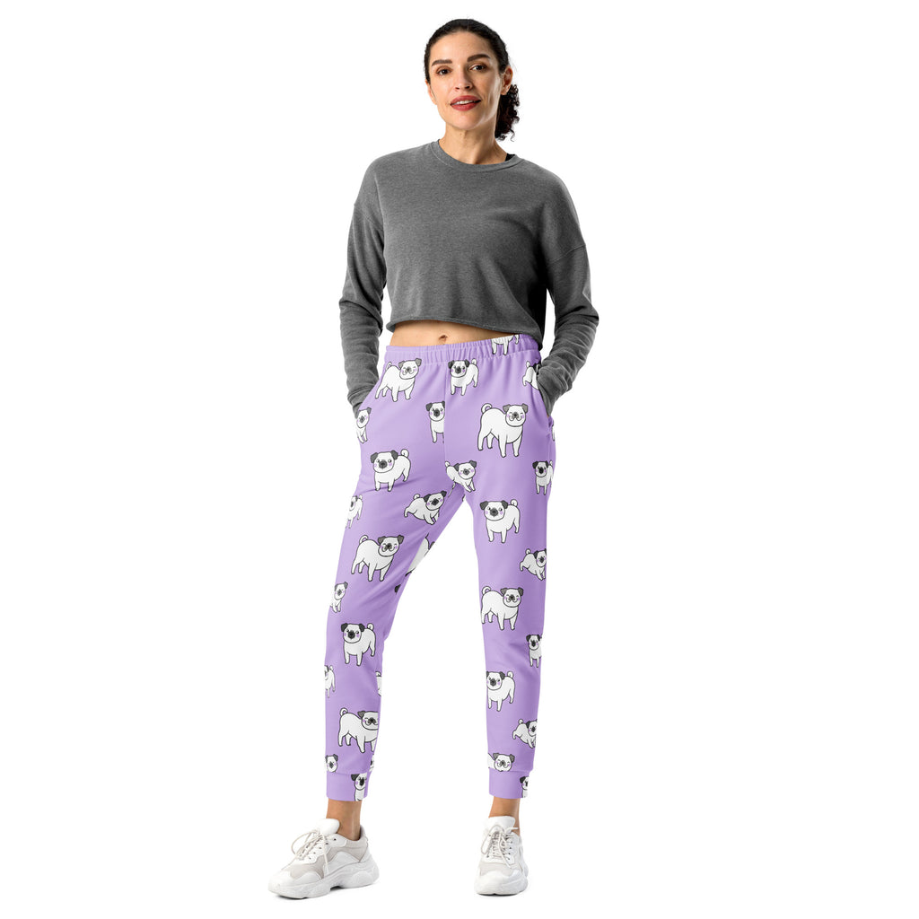 Women’s purple recycled jogger pants with white pug pattern cozy brushed fleece and pockets