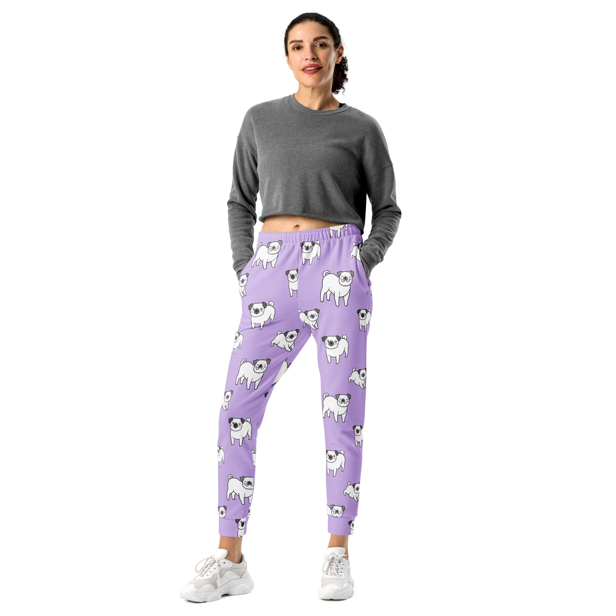 Women’s purple recycled jogger pants with white pug pattern cozy brushed fleece and pockets