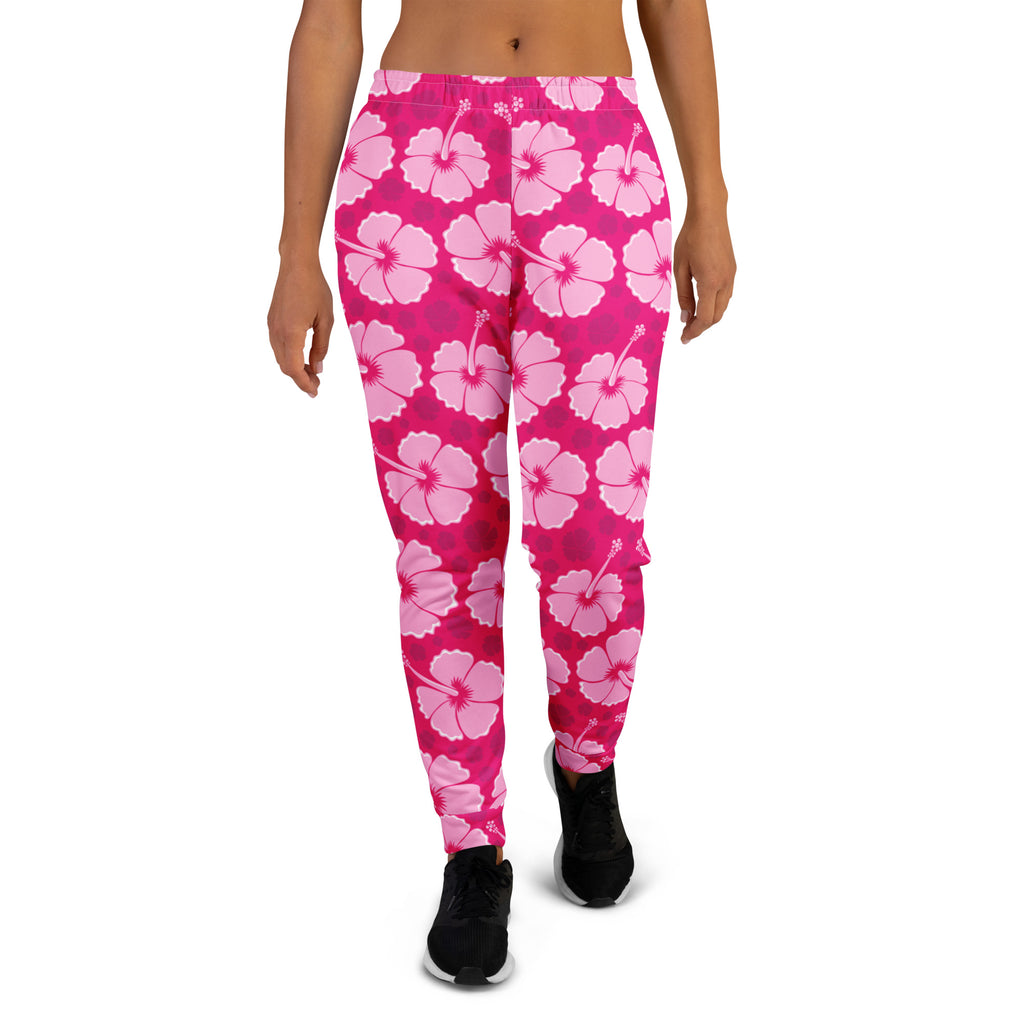 Women’s pink hibiscus floral recycled jogger pants with pockets cozy brushed inside fleece and vibrant fuchsia base