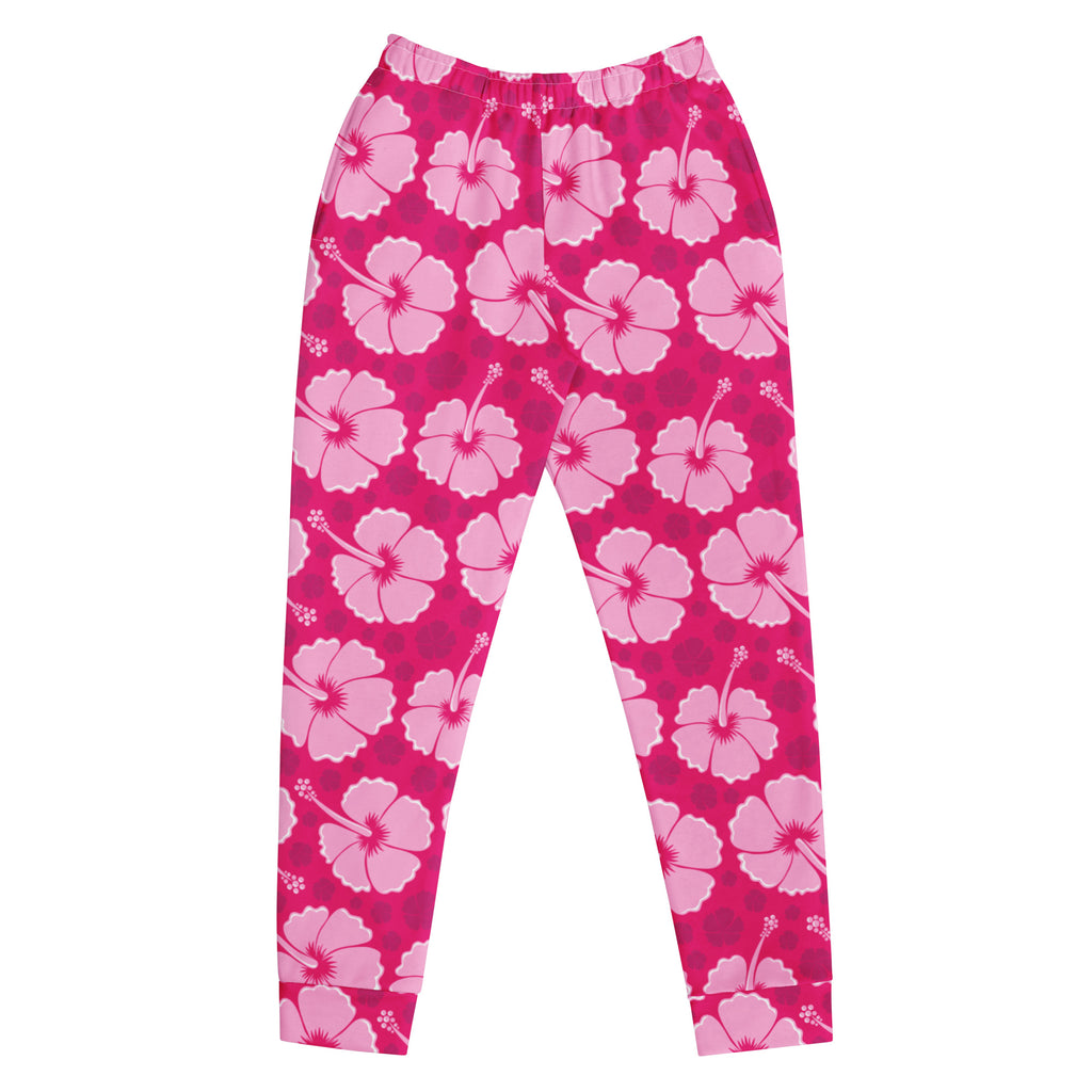 Women’s pink hibiscus floral recycled jogger pants with pockets featuring a vibrant magenta base and cozy fleece lining