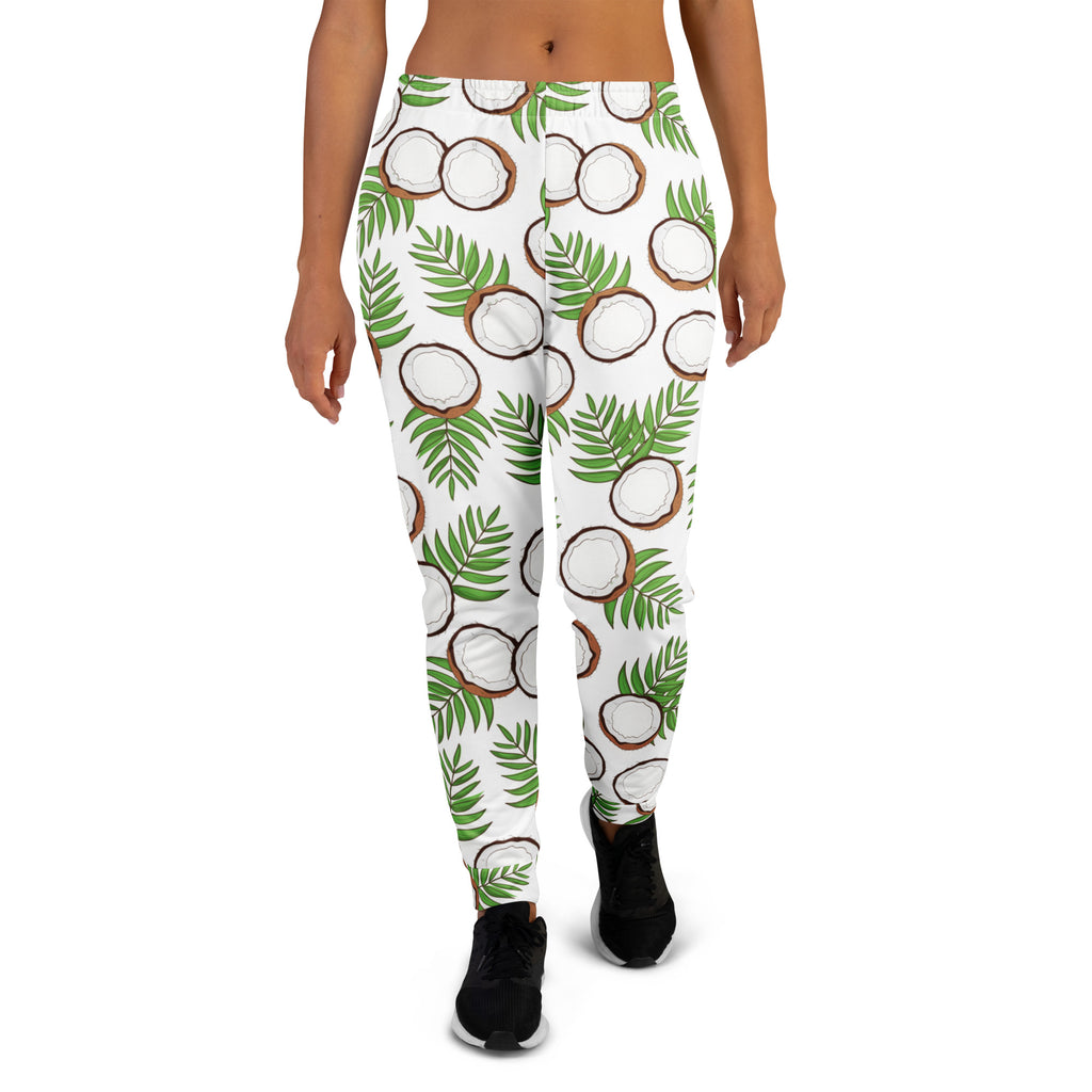 White women’s tropical jogger pants with coconut palm leaf print cozy brushed inside fleece and pockets