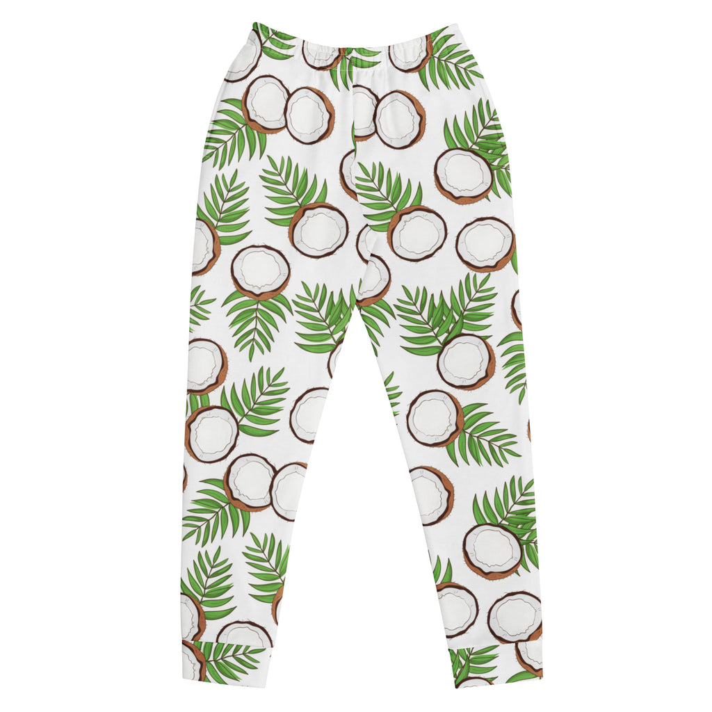 White leggings with illustrated coconuts and green palm leaves pattern made from cozy recycled fleece with pockets