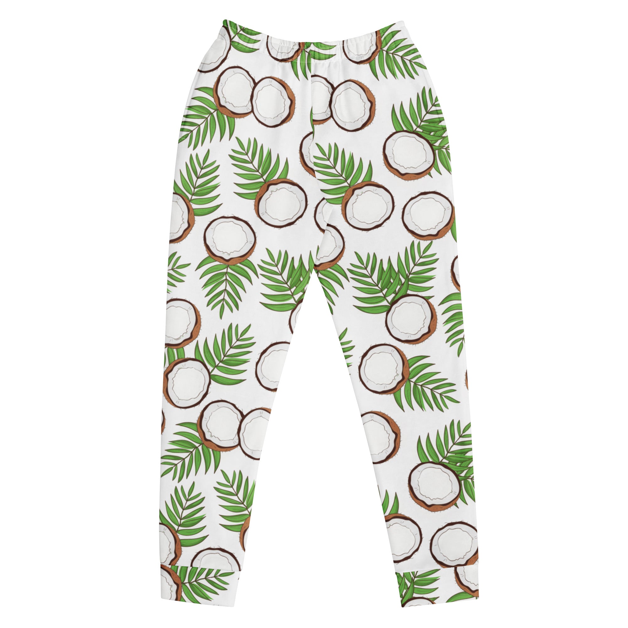 White leggings with illustrated coconuts and green palm leaves pattern made from cozy recycled fleece with pockets