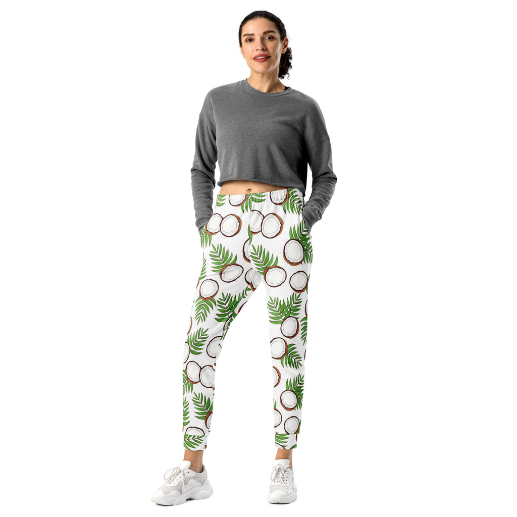 Women’s white jogger pants with green palm leaves brown and white coconuts cozy brushed inside fleece pockets
