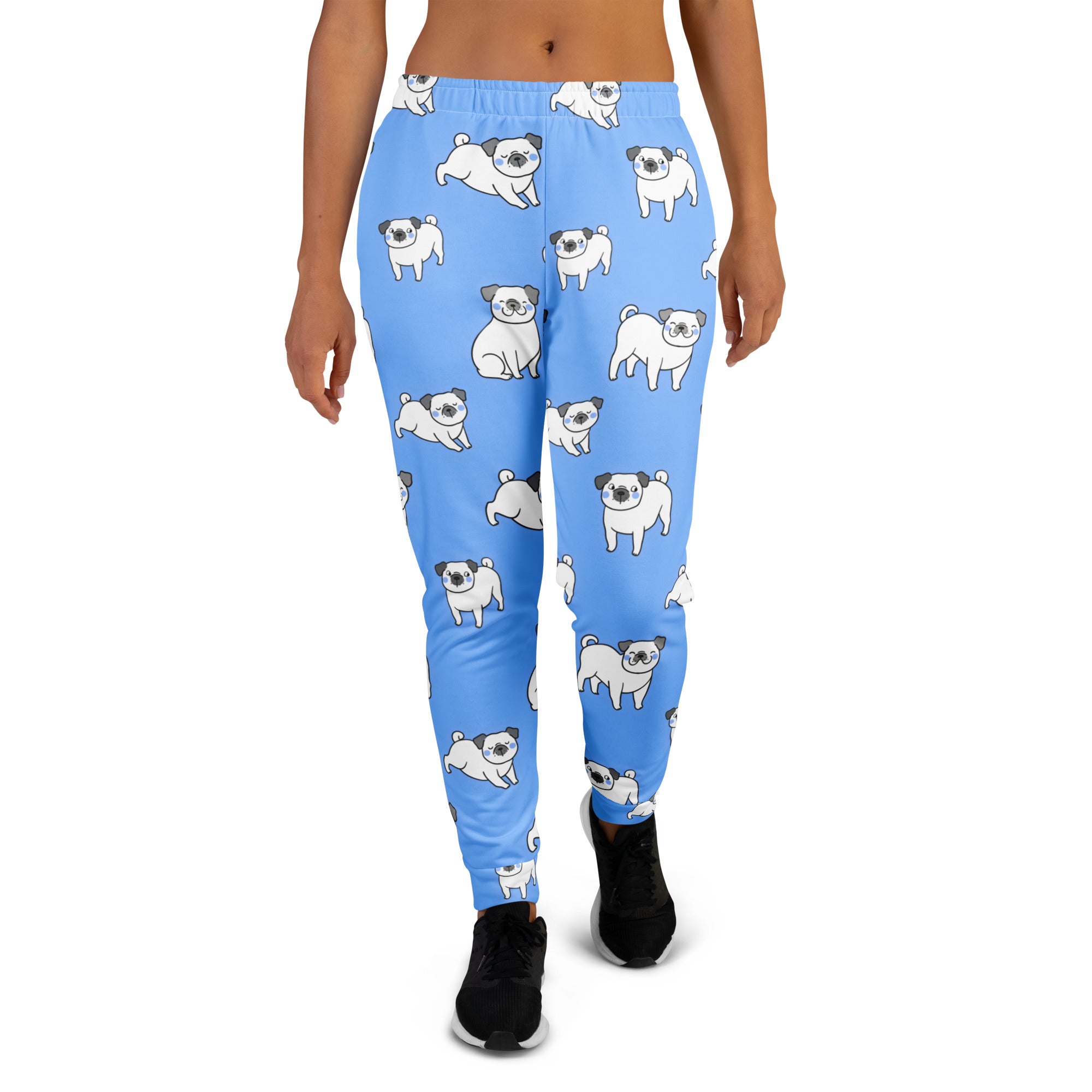 Women’s light blue recycled jogger pants with white pug pattern cozy brushed fleece and pockets
