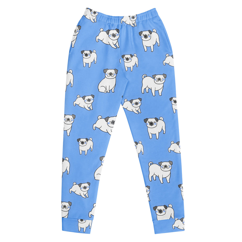 Women’s light blue pug recycled jogger pants with cozy brushed fleece inside and playful white pug pattern