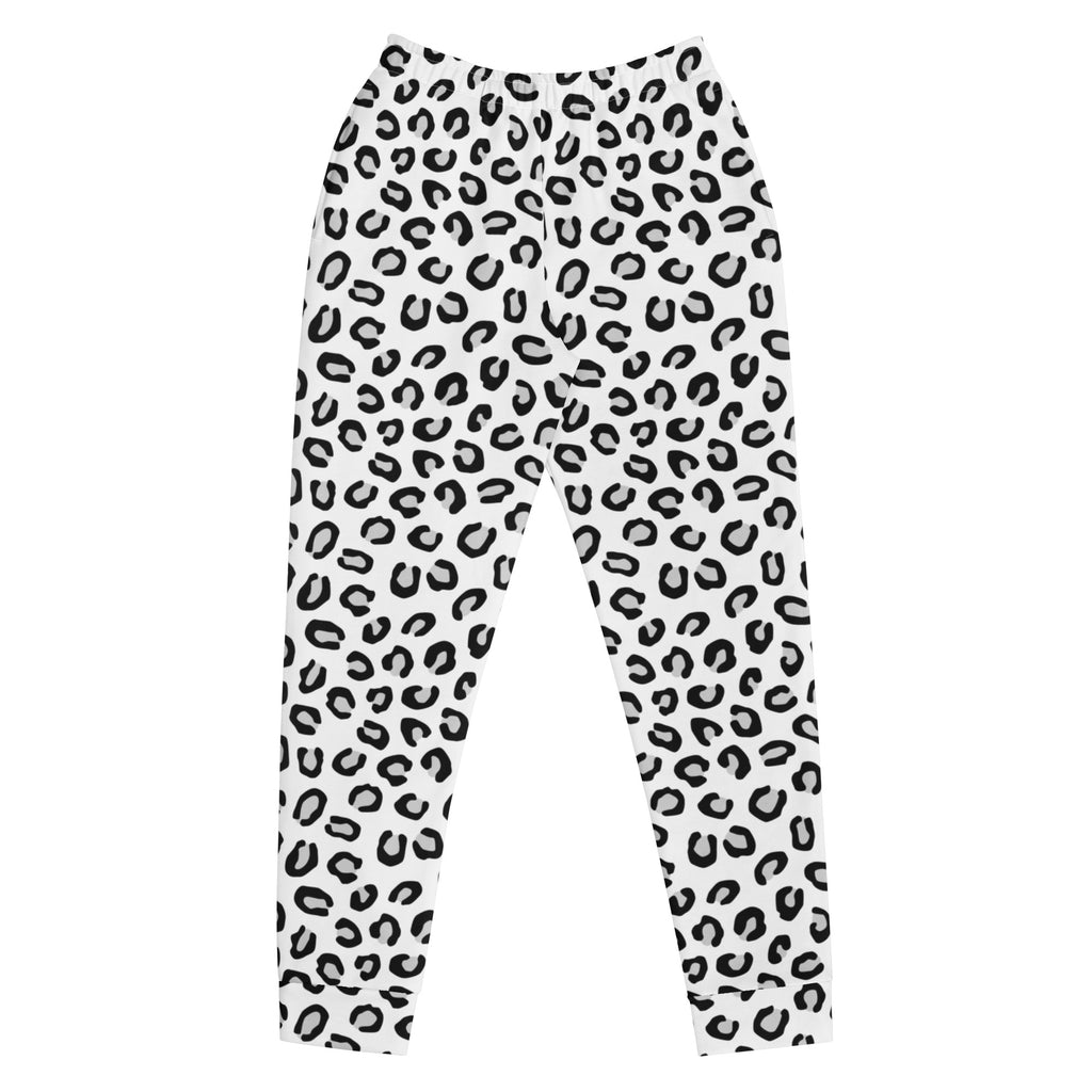 Women’s white leggings with bold black leopard print made from recycled fabric featuring cozy brushed fleece inside