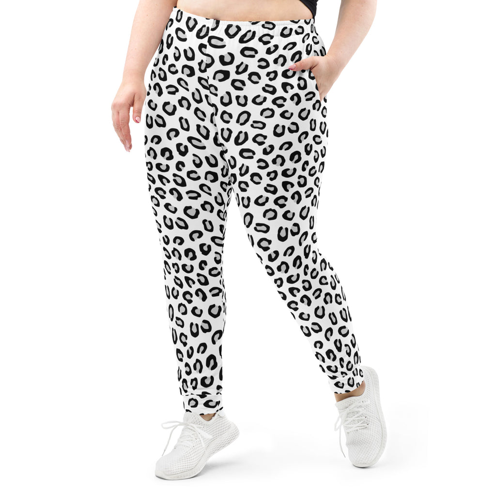 Women’s black and white leopard print recycled jogger pants with cozy brushed fleece and pockets