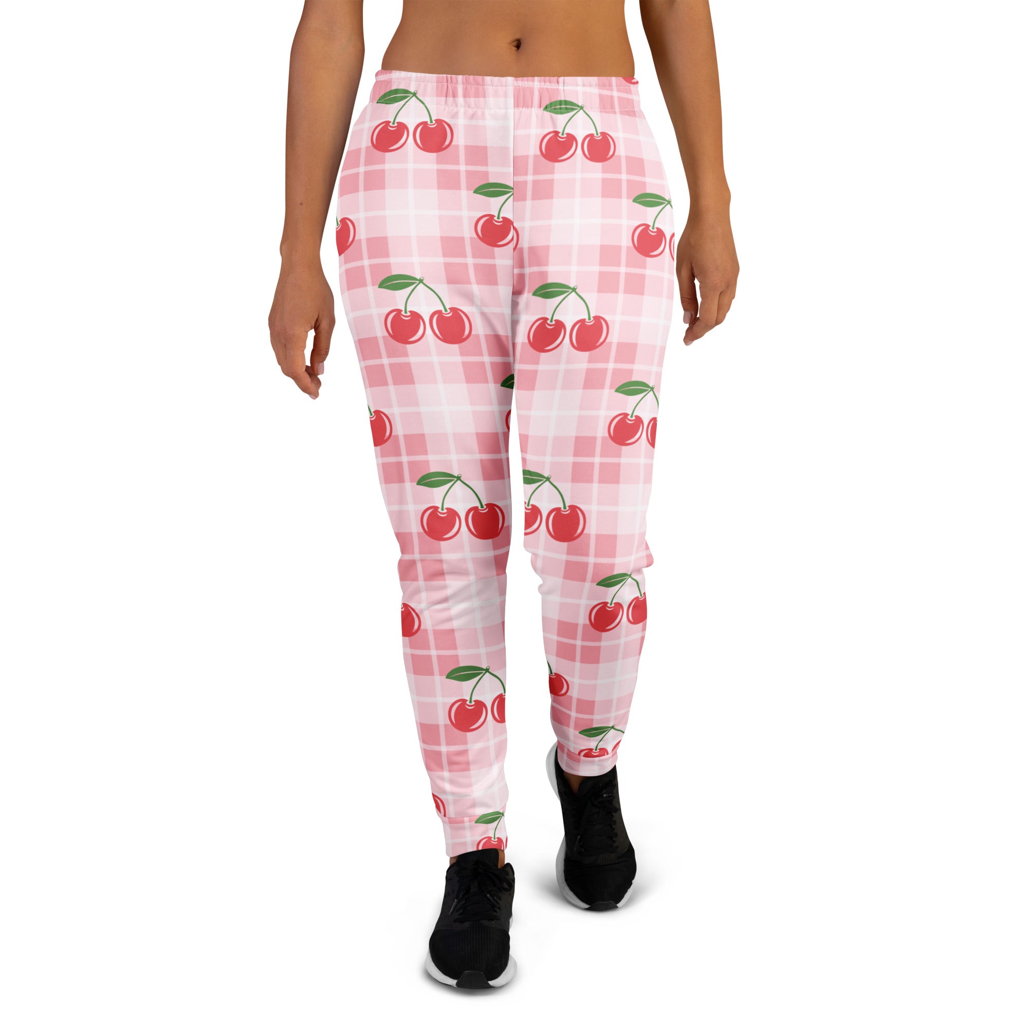 Women’s pink and white plaid recycled jogger pants with red cherry pattern cozy brushed fleece inside and pockets