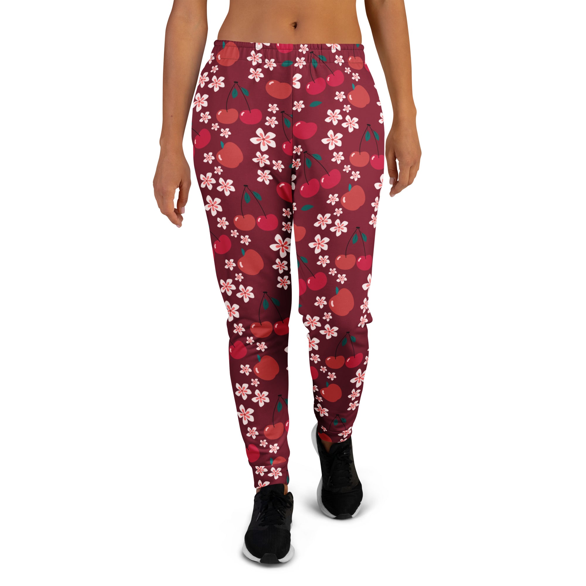 Women’s maroon cherry blossom recycled jogger pants with pockets cozy brushed inside fleece featuring red cherries and pink blossoms