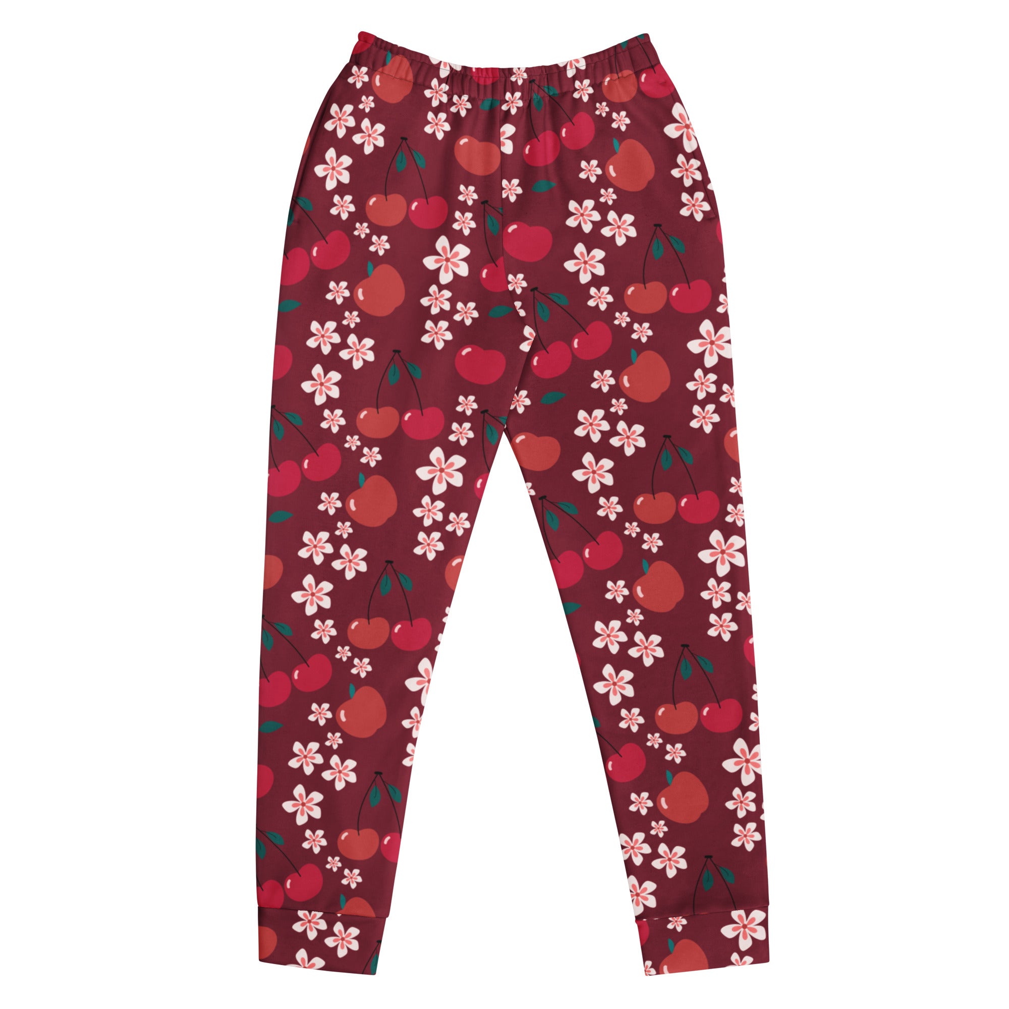 Women’s maroon cherry blossom recycled jogger pants with pockets and cozy brushed inside fleece lining
