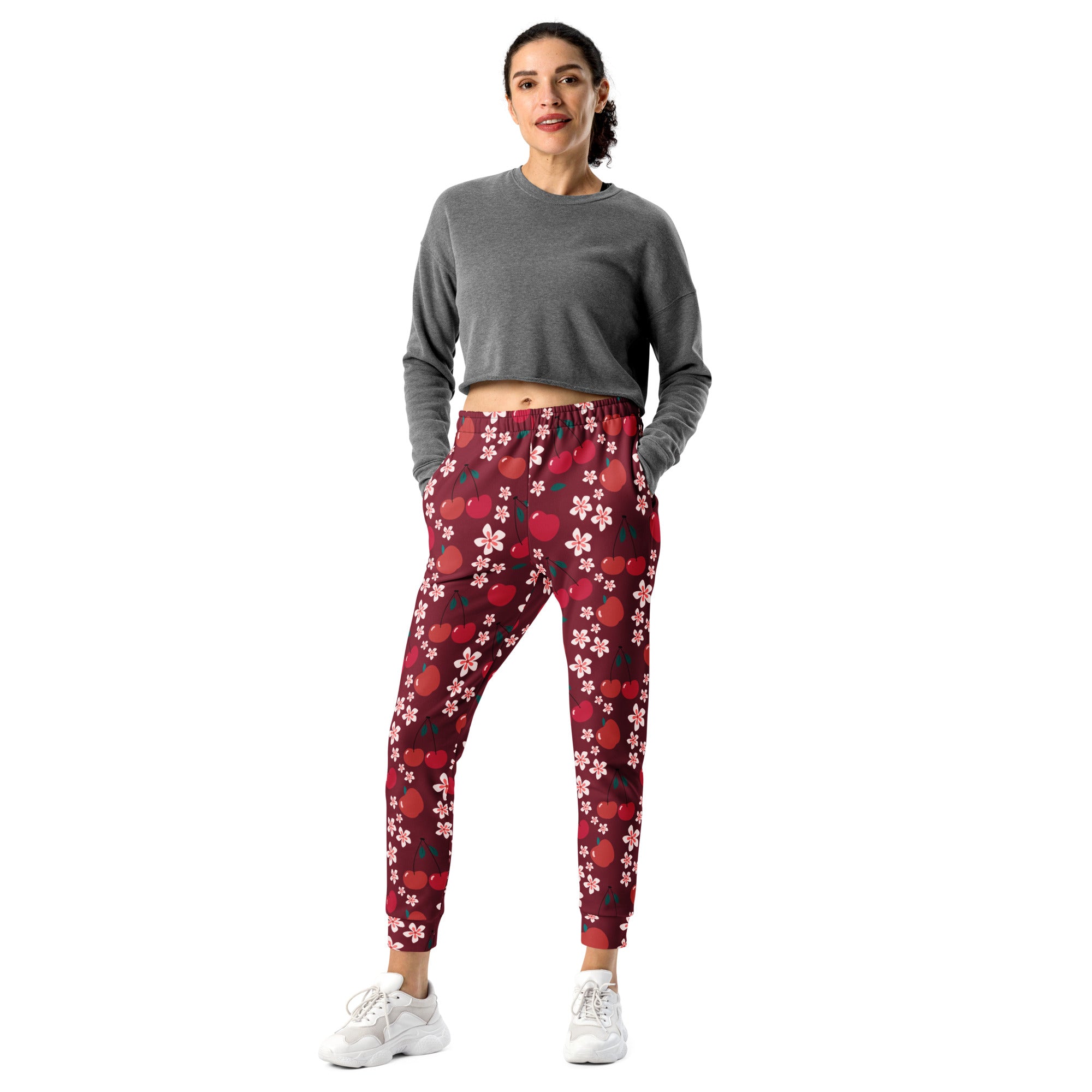 Women’s maroon cherry blossom recycled jogger pants with red apple pattern cozy brushed fleece with pockets