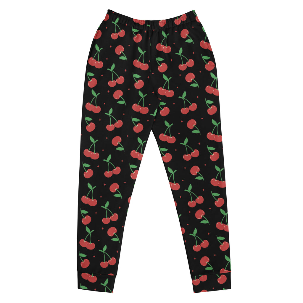 Women’s black cherry recycled jogger pants with red cherry print green stems cozy brushed fleece lining and pockets