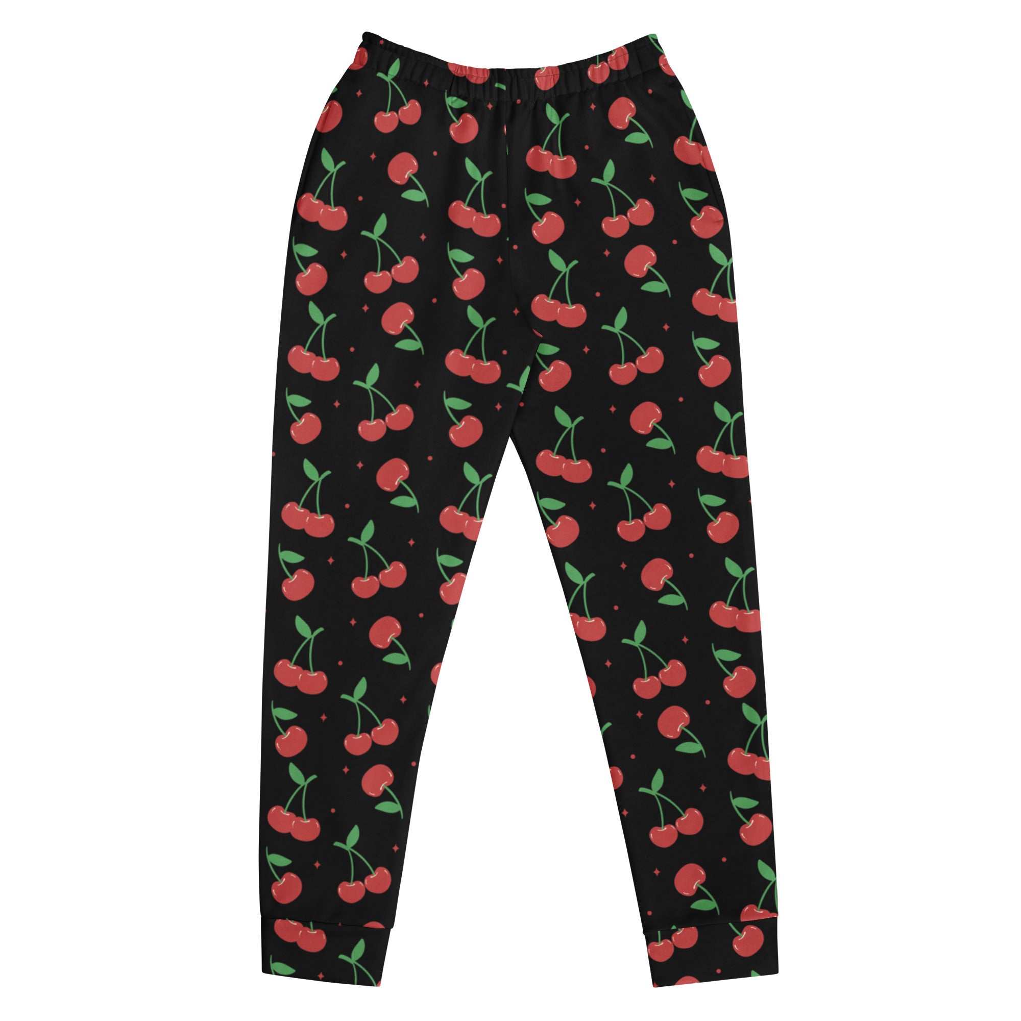 Women’s black cherry recycled jogger pants with red cherry print green stems cozy brushed fleece lining and pockets
