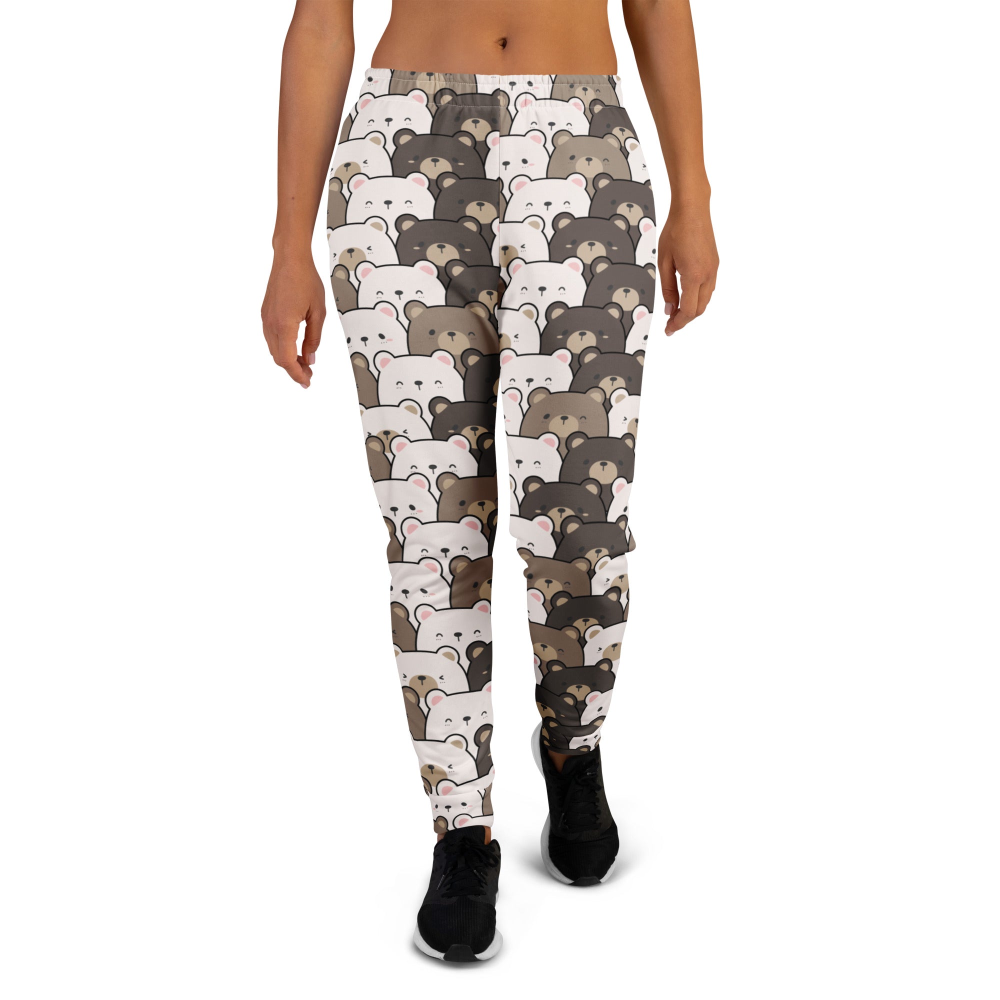 Women’s recycled jogger pants with white and gray bear face pattern cozy brushed inside fleece and pockets