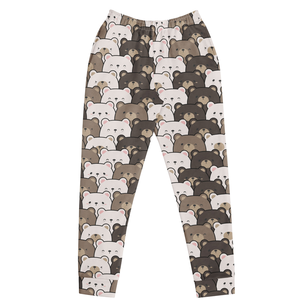 Women’s bear face recycled jogger pants with cozy brushed fleece inside and playful white and brown cartoon bear pattern