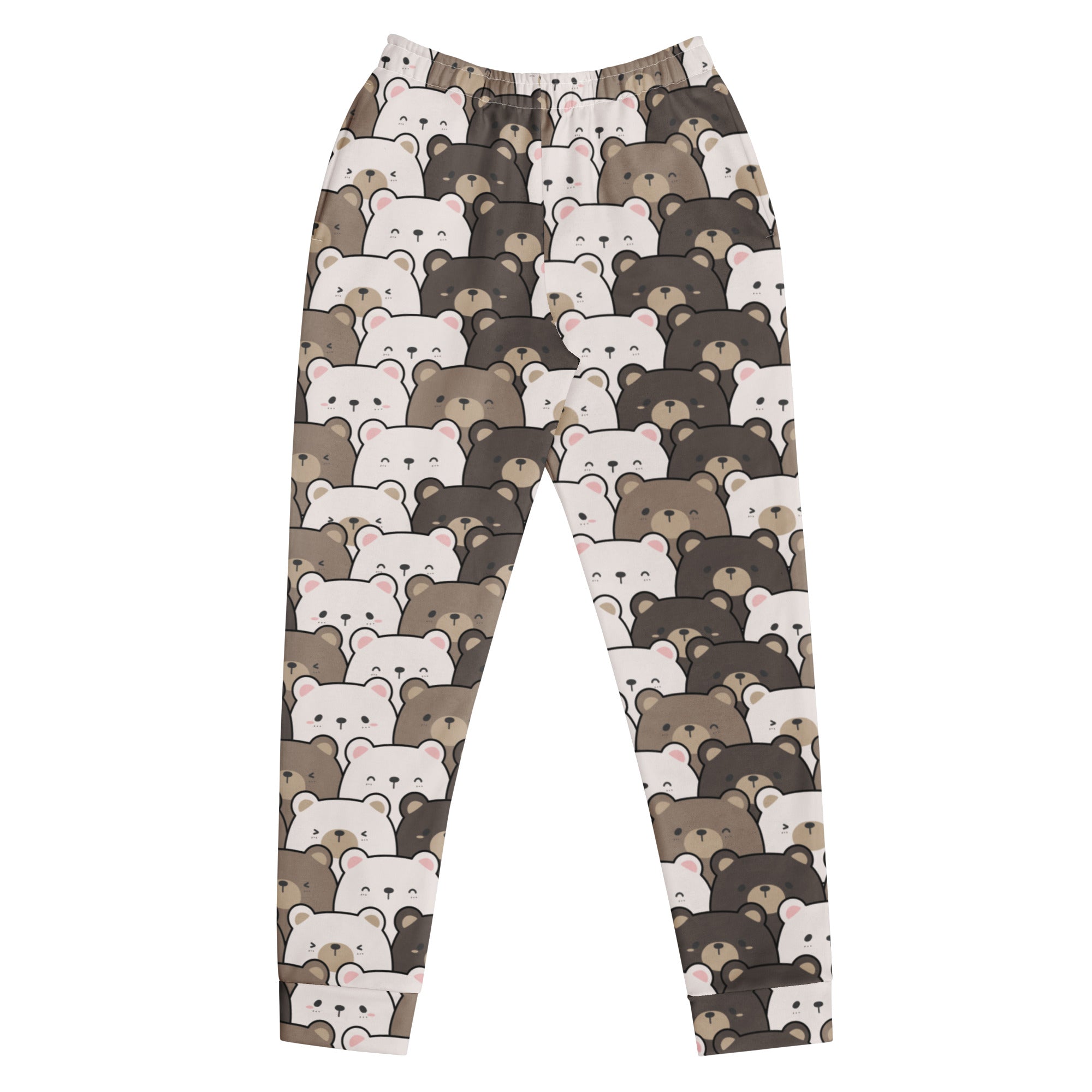 Women’s bear face recycled jogger pants with cozy brushed fleece inside and playful white and brown cartoon bear pattern