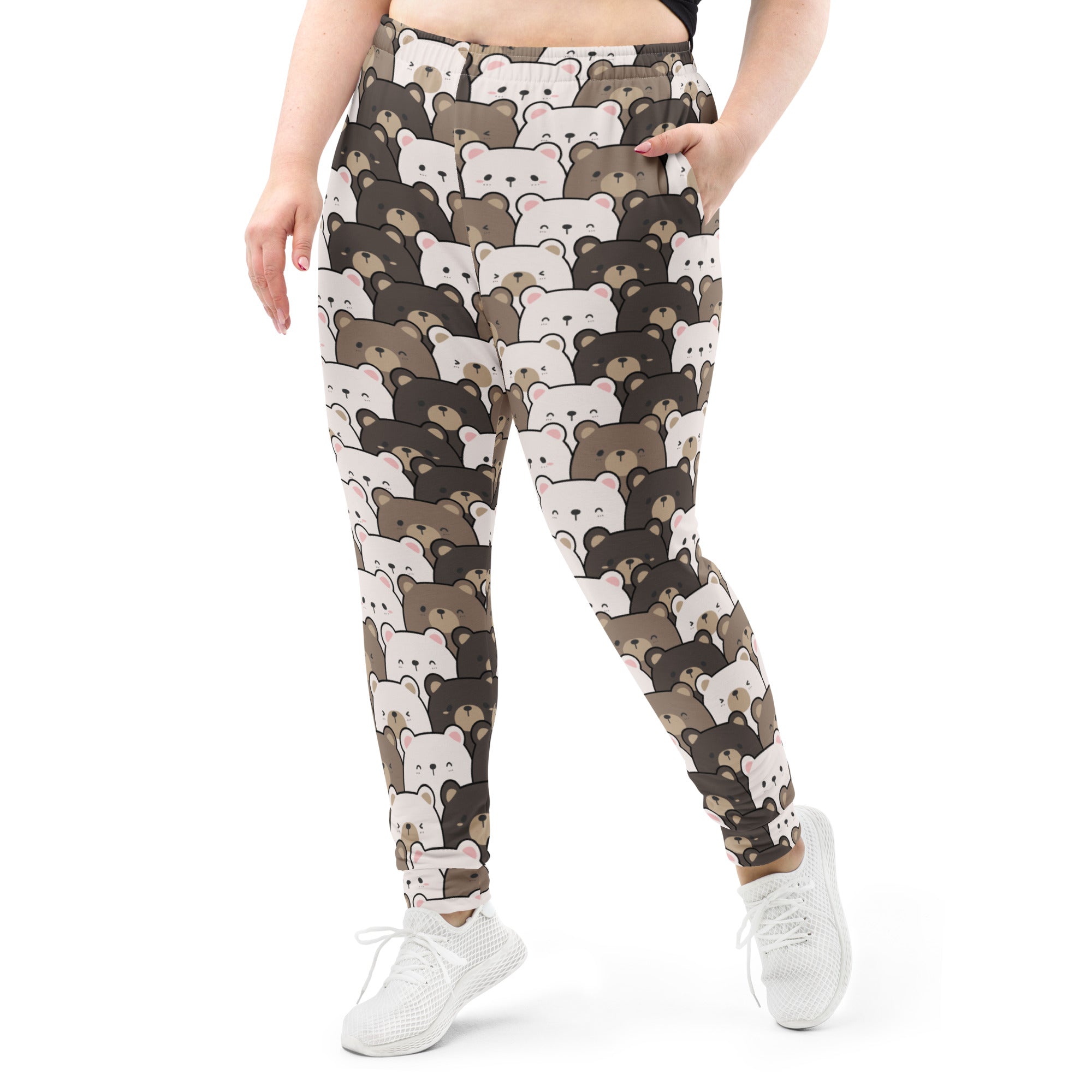 Plus-size women’s recycled jogger pants with cozy brushed fleece inside featuring white and brown bear faces on beige